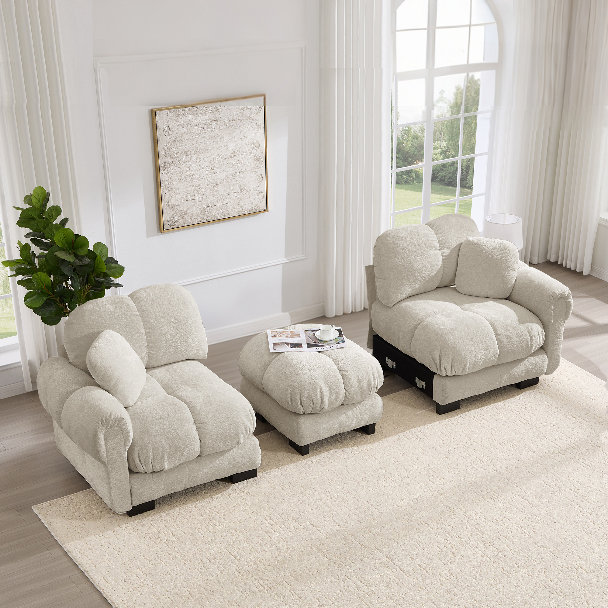 Canapé d angle L en chenille kaki clair 2 places avec pouf - vue 2