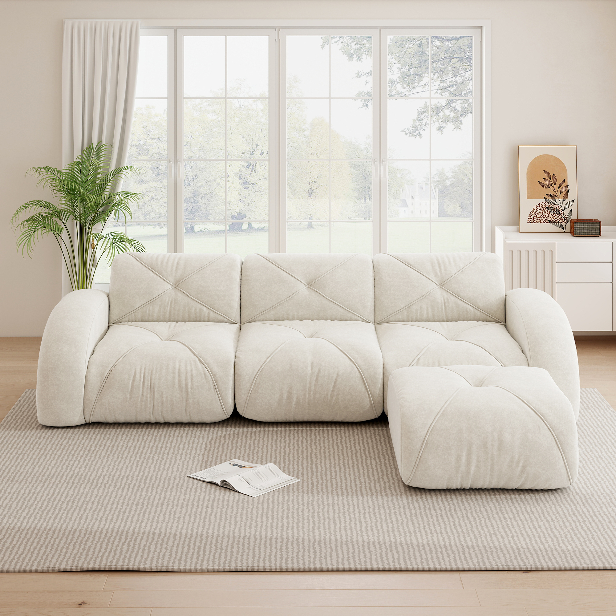 Canapé d angle 3 places modulaire en chenille beige clair - vue 3