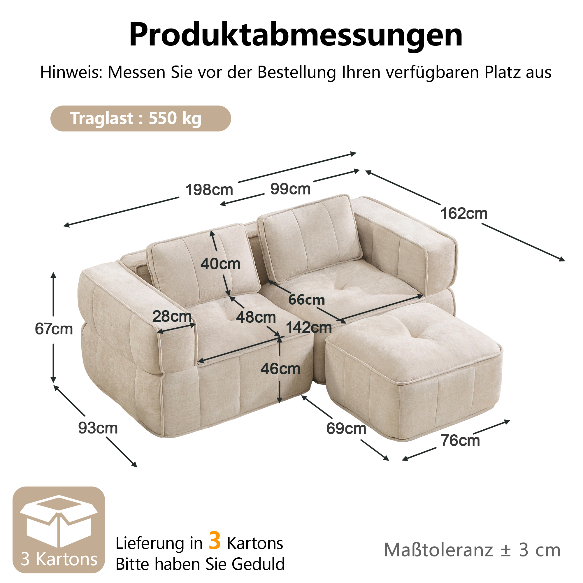 Canapé d’angle modulable en L 2 places 198 x 162 x 67 cm, avec pouf, Tissu, beige - spécifications 1