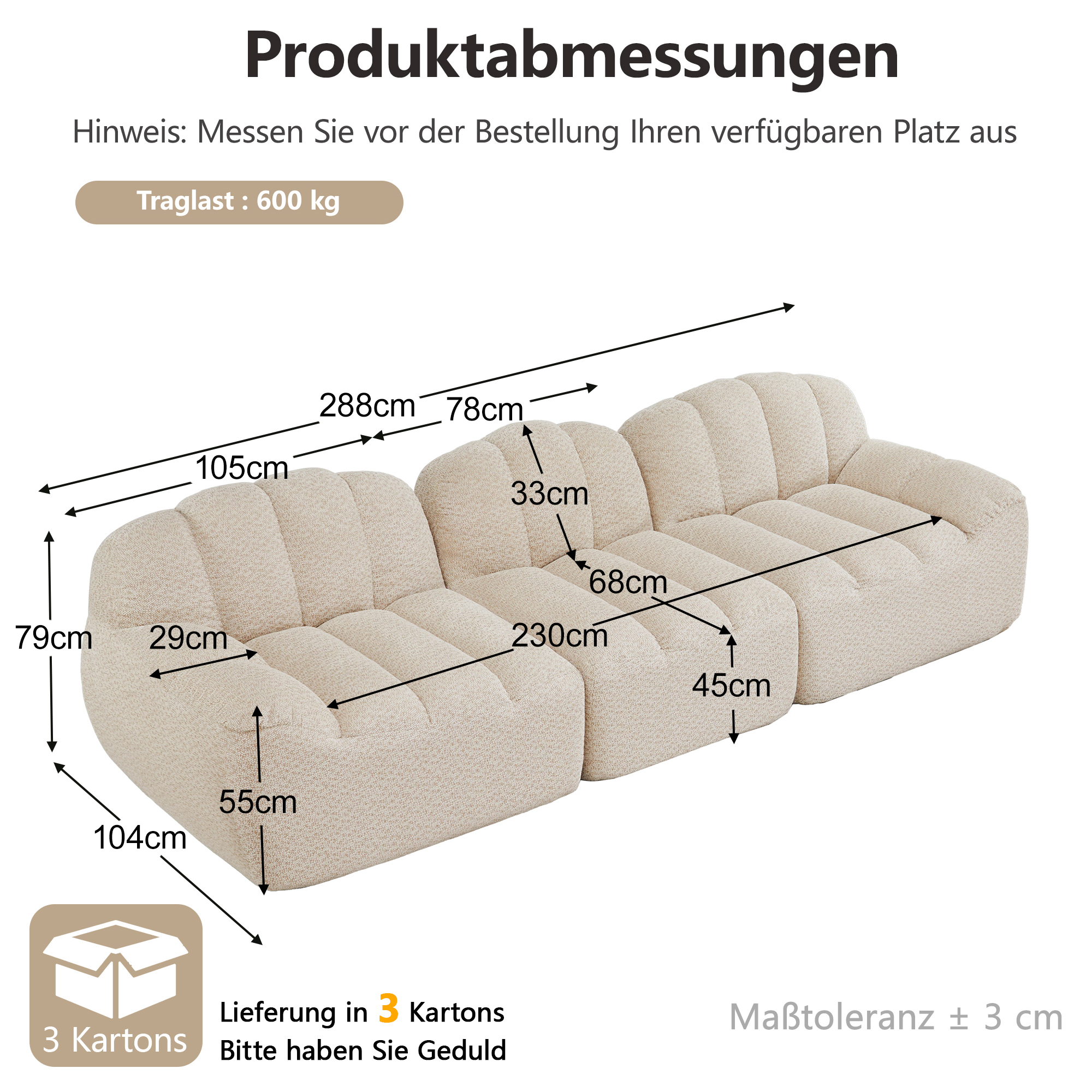 3-Sitzer Modulares Sofa, Boneless Design aus 32D H
