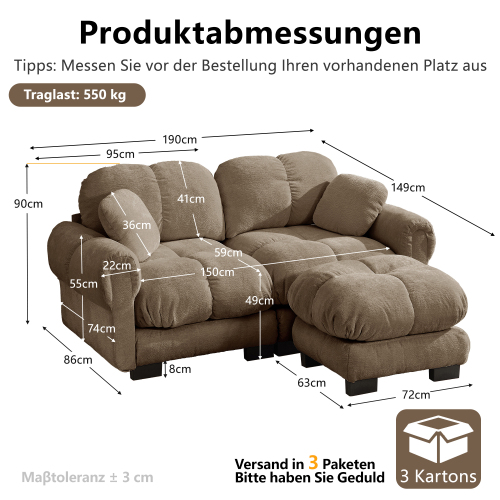 Dimensions du canapé marron 2 places en tissu chenille