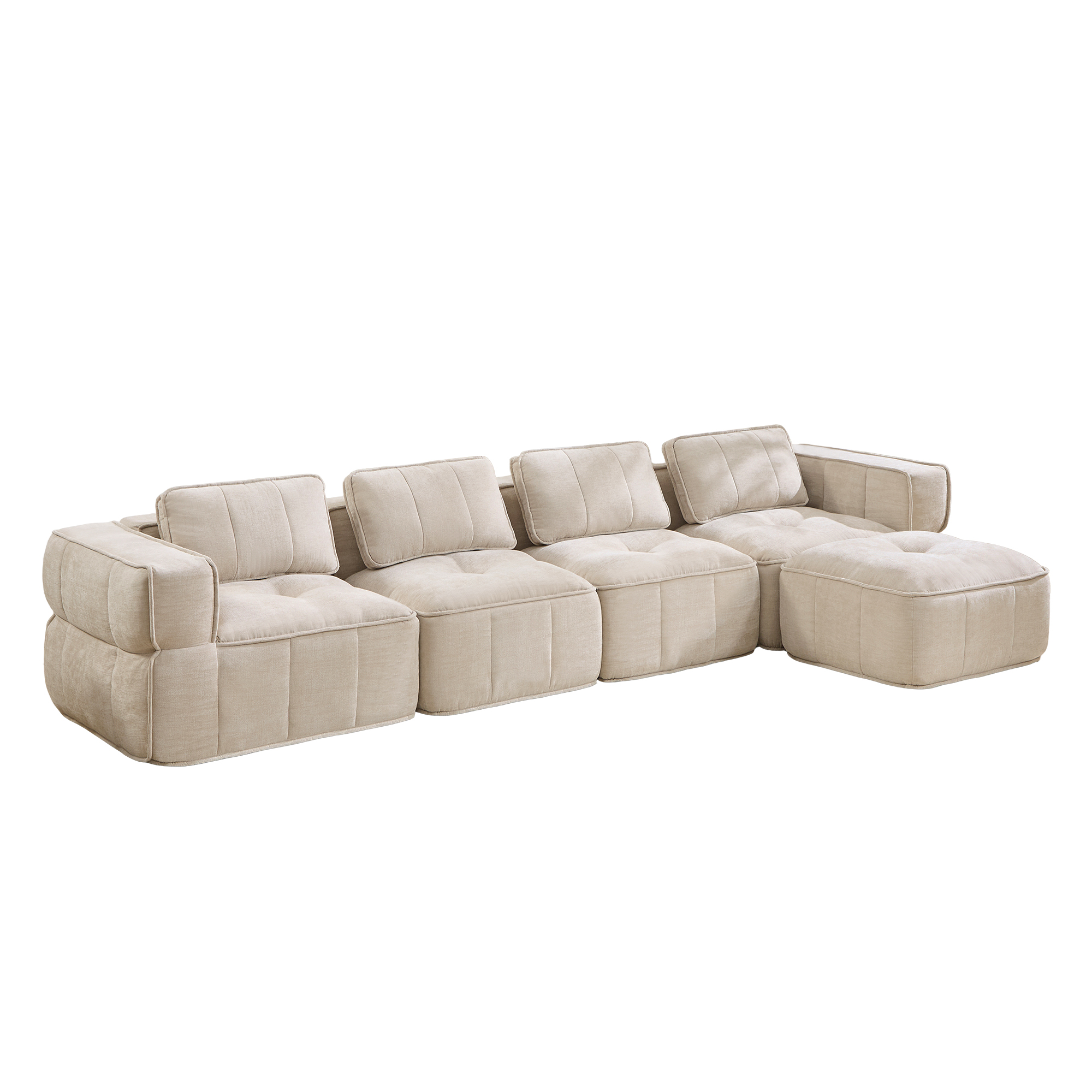 Canapé d’angle modulable en L 4 places 344 x 162 x 67 cm, avec pouf, Tissu, beige - vue complémentaire 1