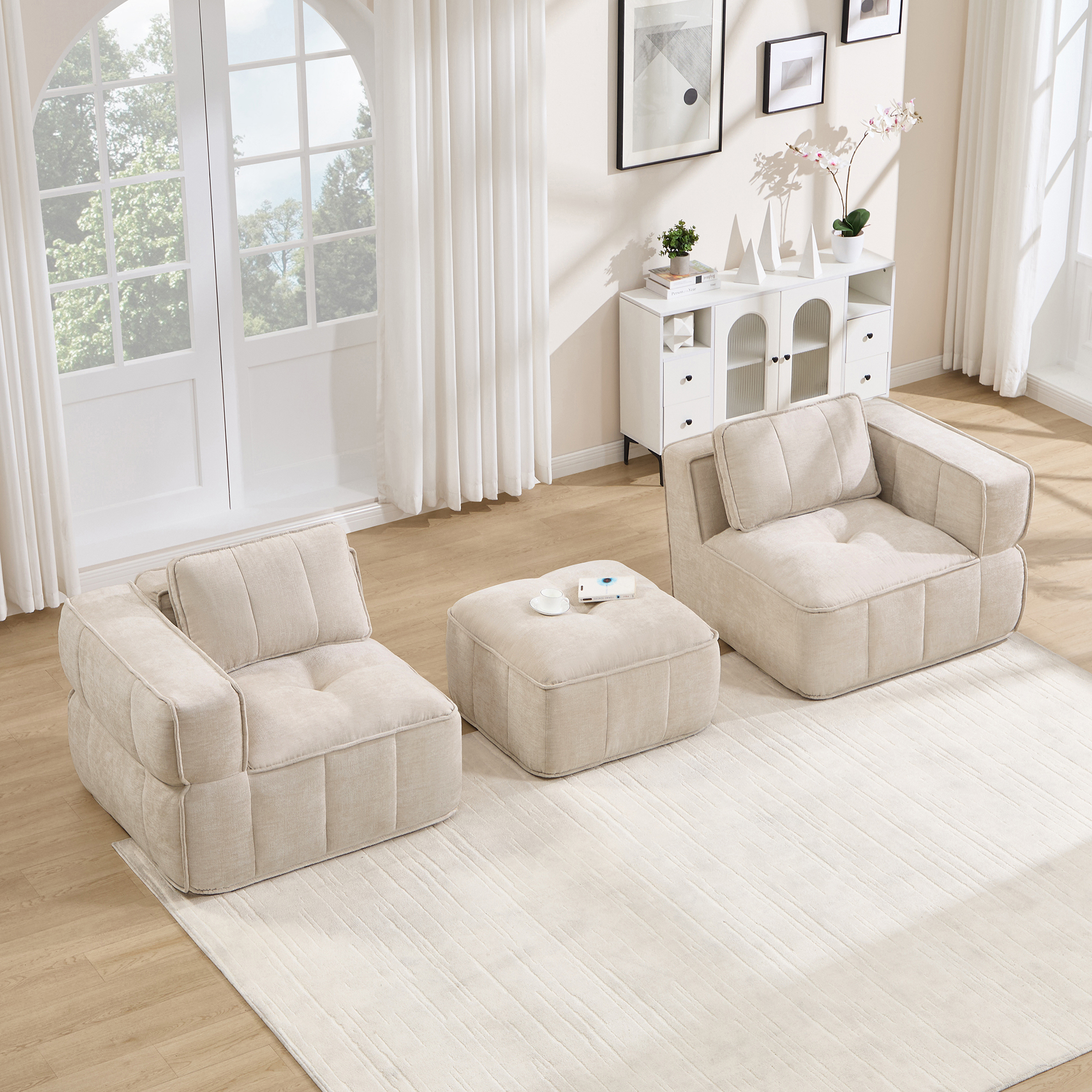 Canapé d’angle modulable en L 2 places 198 x 162 x 67 cm, avec pouf, Tissu, beige - vue principale 1