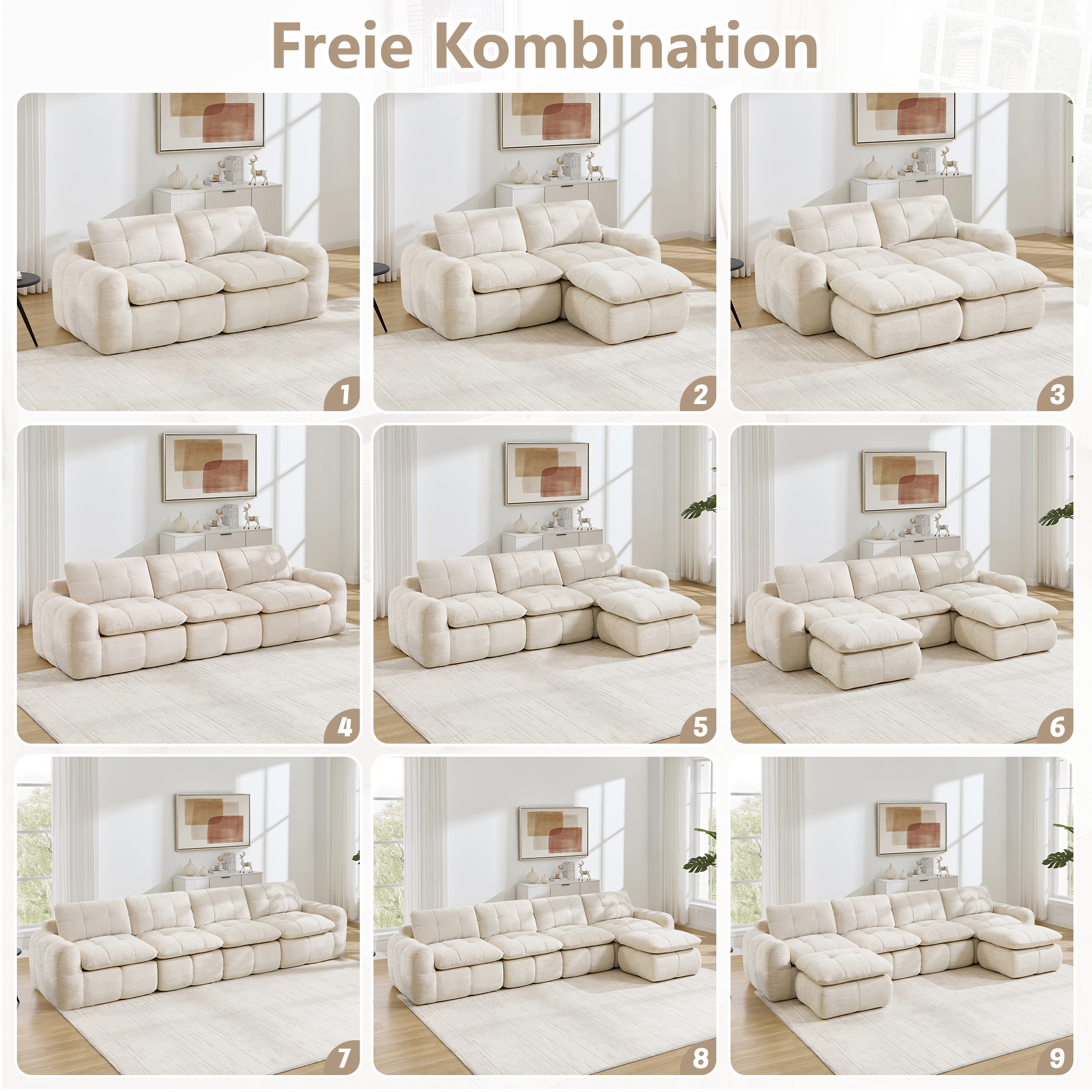Canapé modulable 3 places 264 x 97 x 68 cm, Chenille, beige - présentation 1