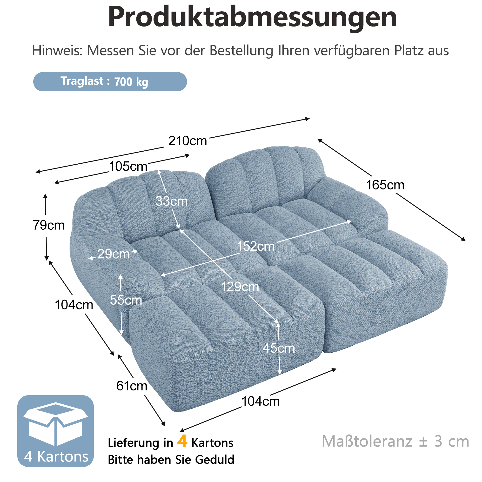 Canapé modulaire bleu 2 places avec 2 poufs en mousse 32D - vue 4