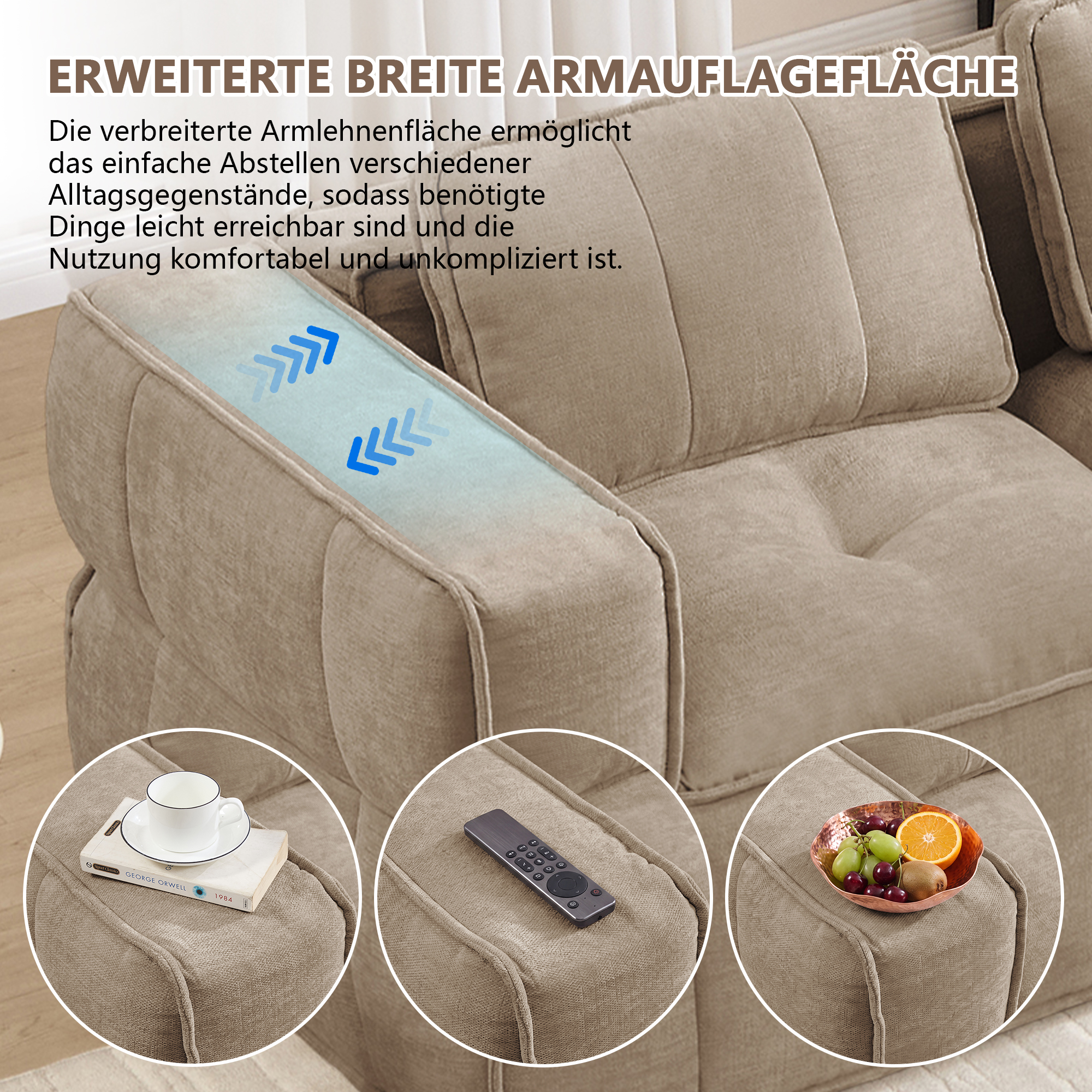 Canapé d’angle modulable en L 3 places 271 x 162 x 67 cm, avec pouf, Tissu, beige - points forts 1