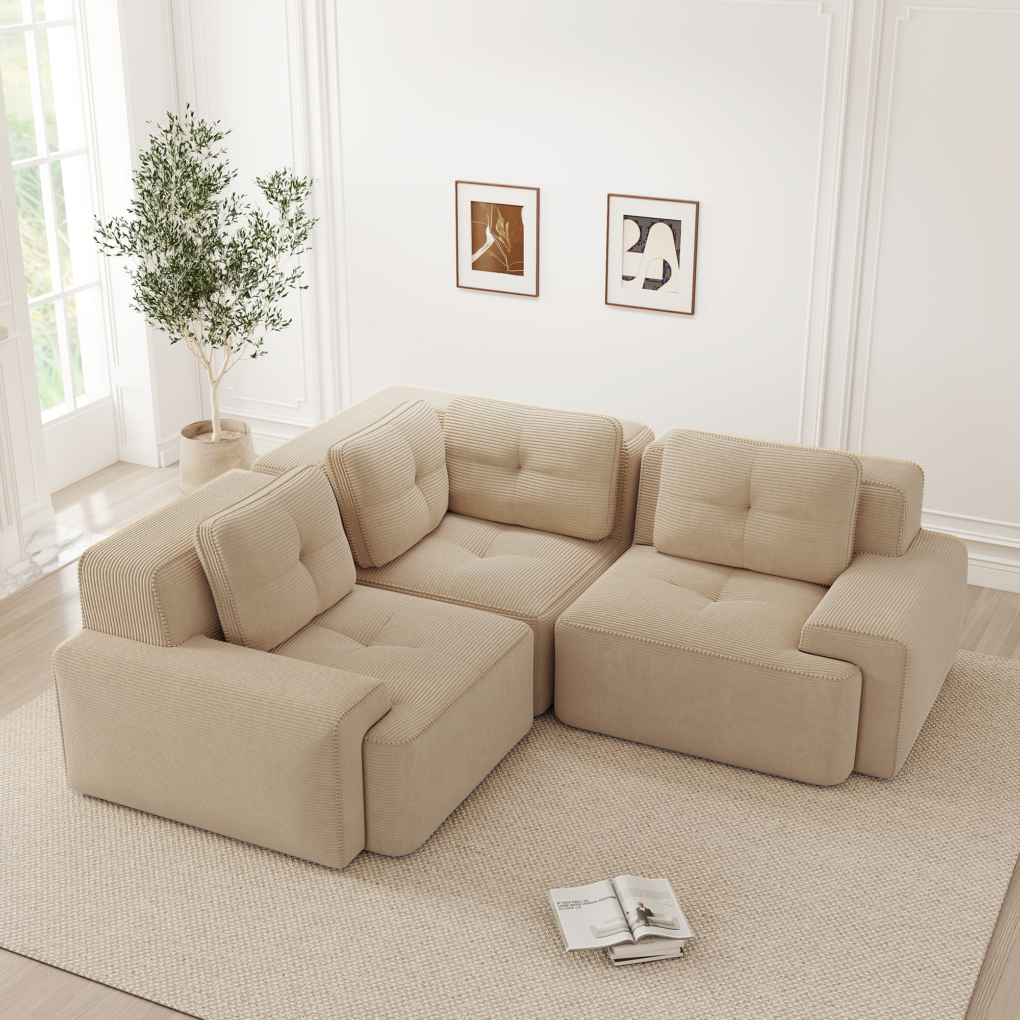 Canapé sans cadre en corduroy beige - vue 2