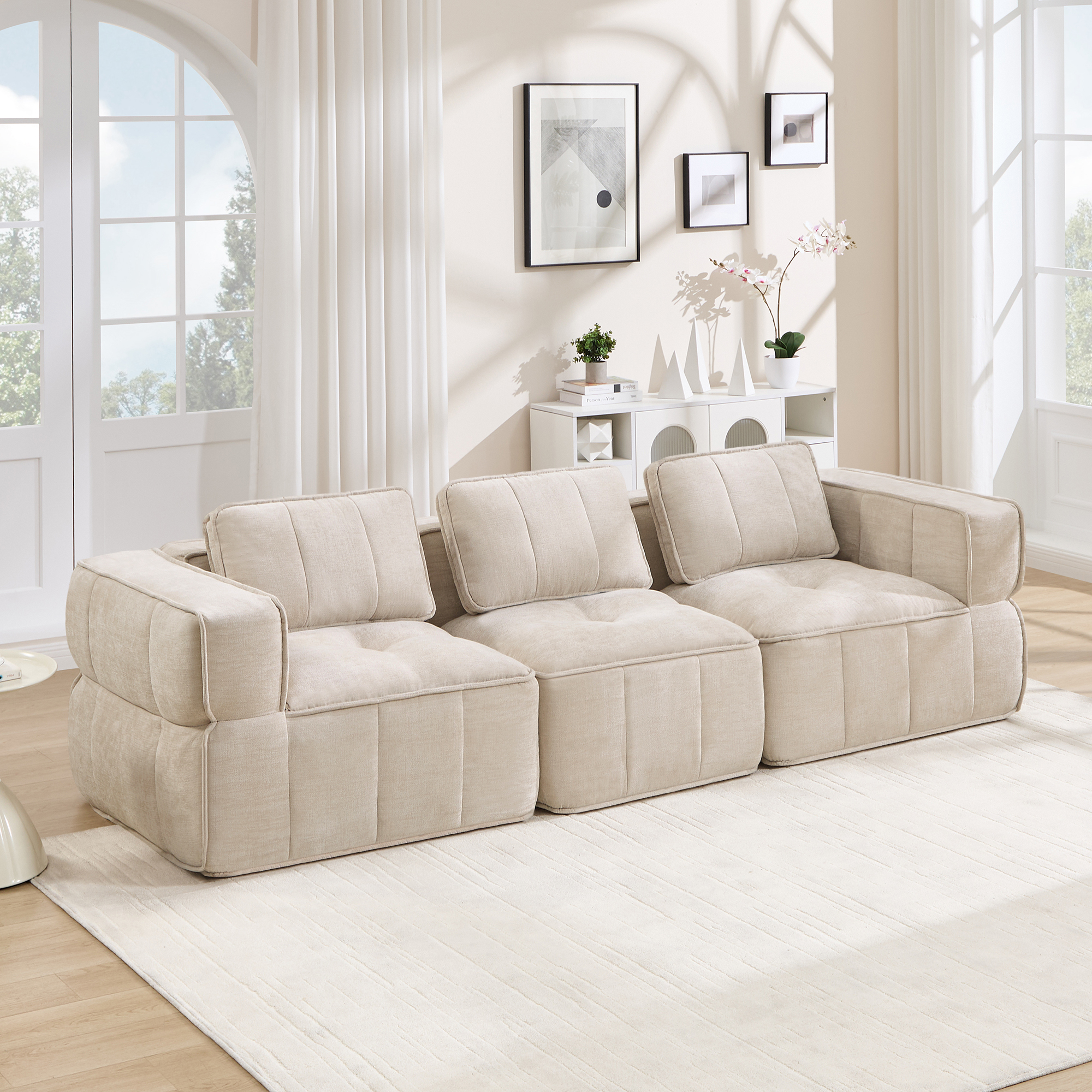 Canapé modulable 3 places 271 x 93 x 67 cm, Tissu, beige - vue principale 1