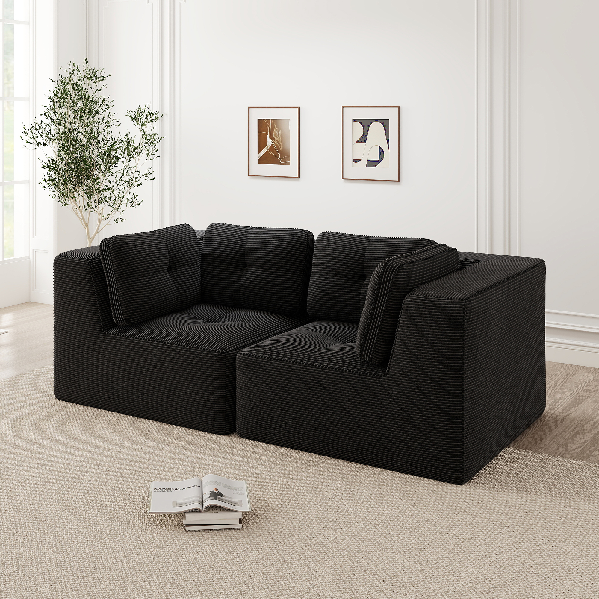 Canapé d angle modulaire 2 places en corduroy noir - vue 2