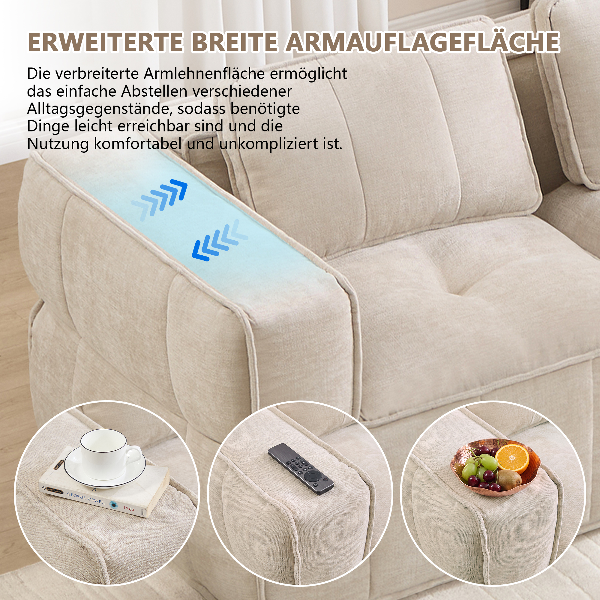 Canapé d’angle modulable en L 2 places 198 x 162 x 67 cm, avec pouf, Tissu, beige - points forts 1