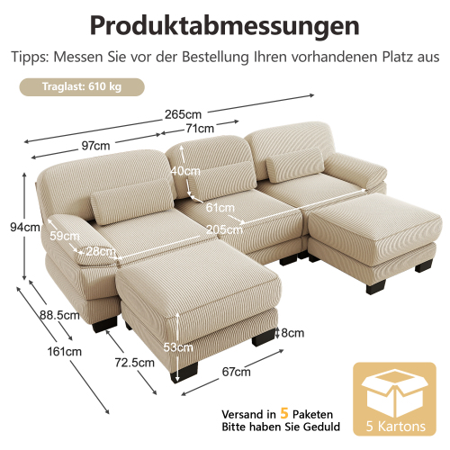 Canapé modulable en U trois places 265 × 161 × 94 cm