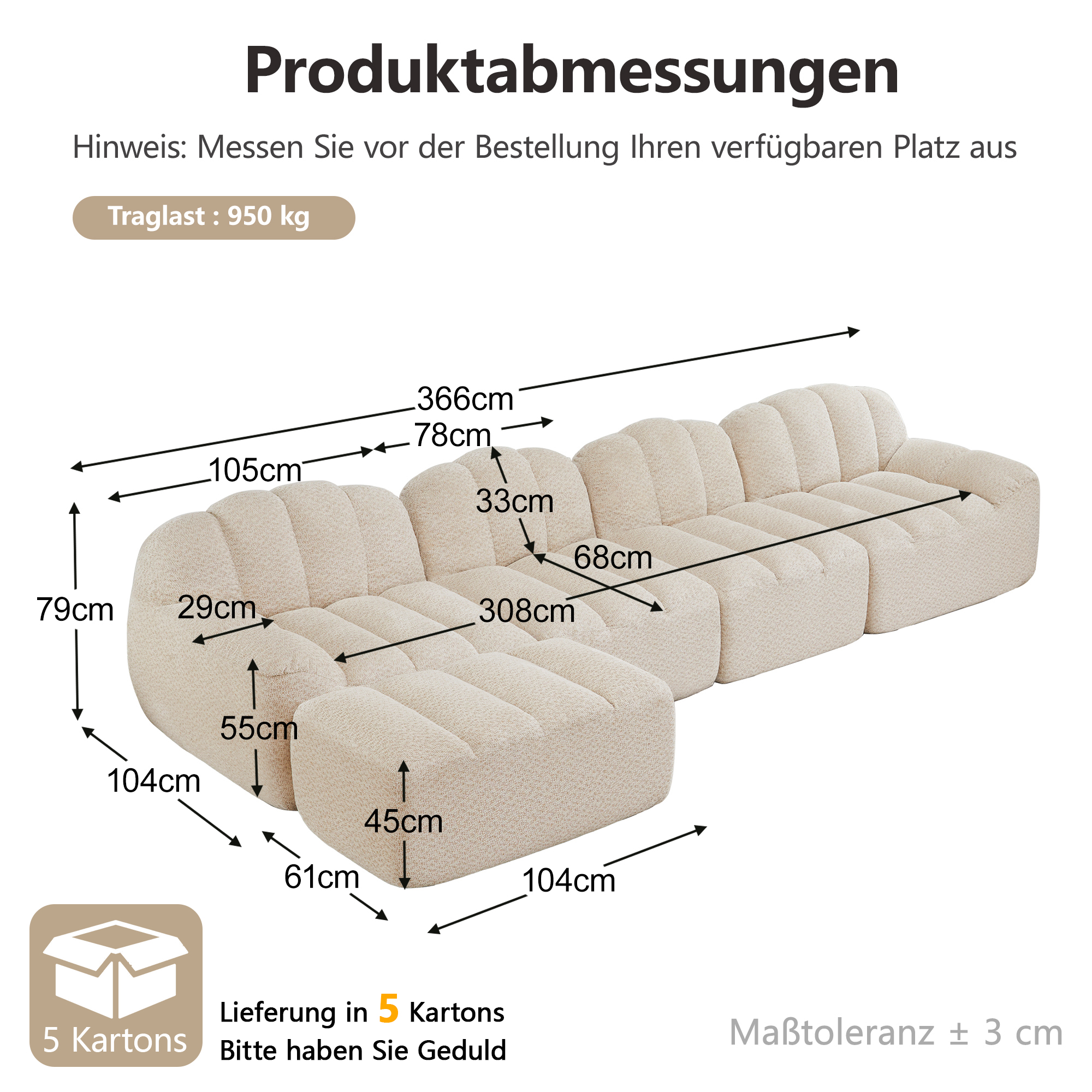 Canapé modulaire 4 places 366 x 165 x 79 cm avec configuration L, sans cadre, Tissu polaire texturé (Granular Fleece), beige et blanc - détails
