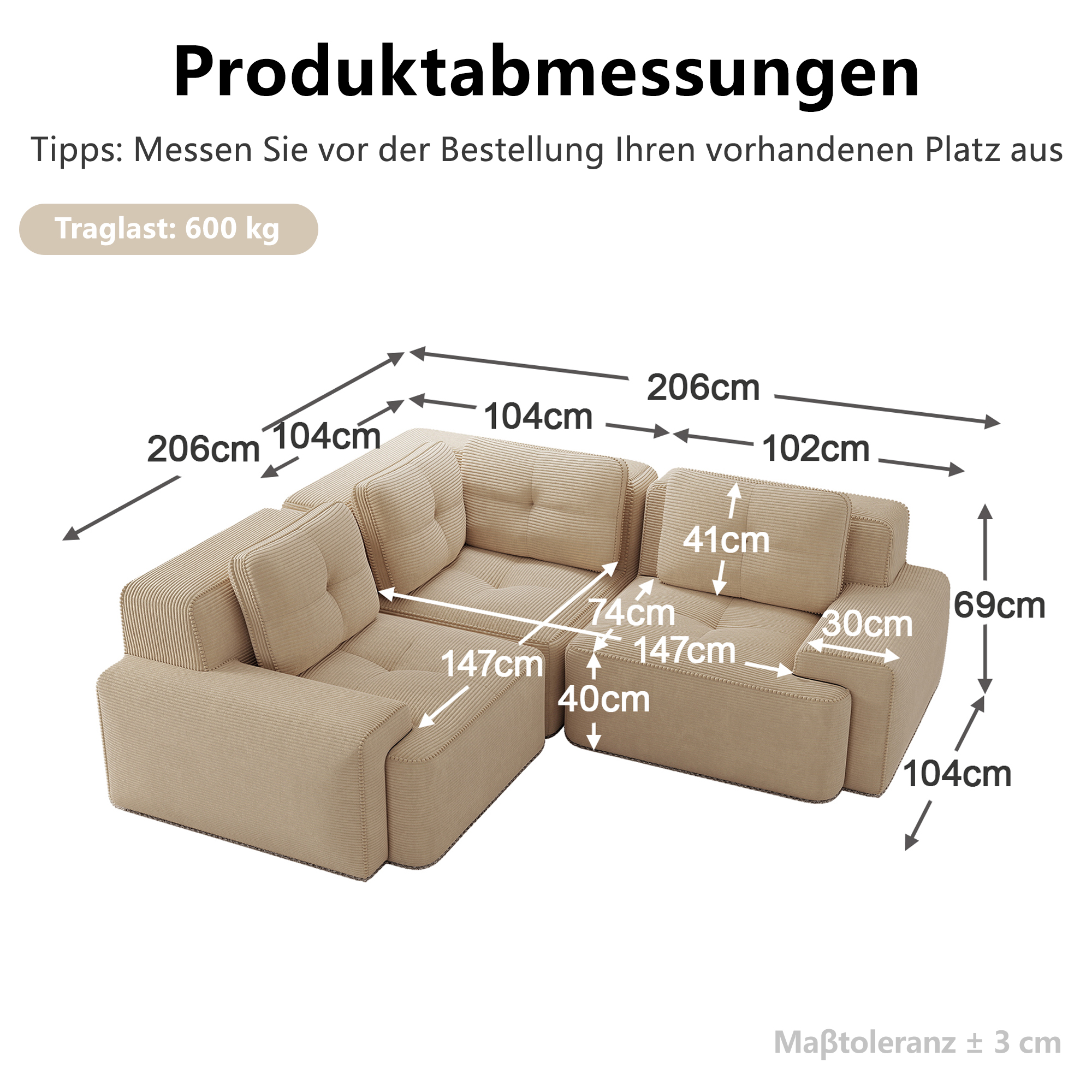 Canapé sans cadre en corduroy beige - vue 4