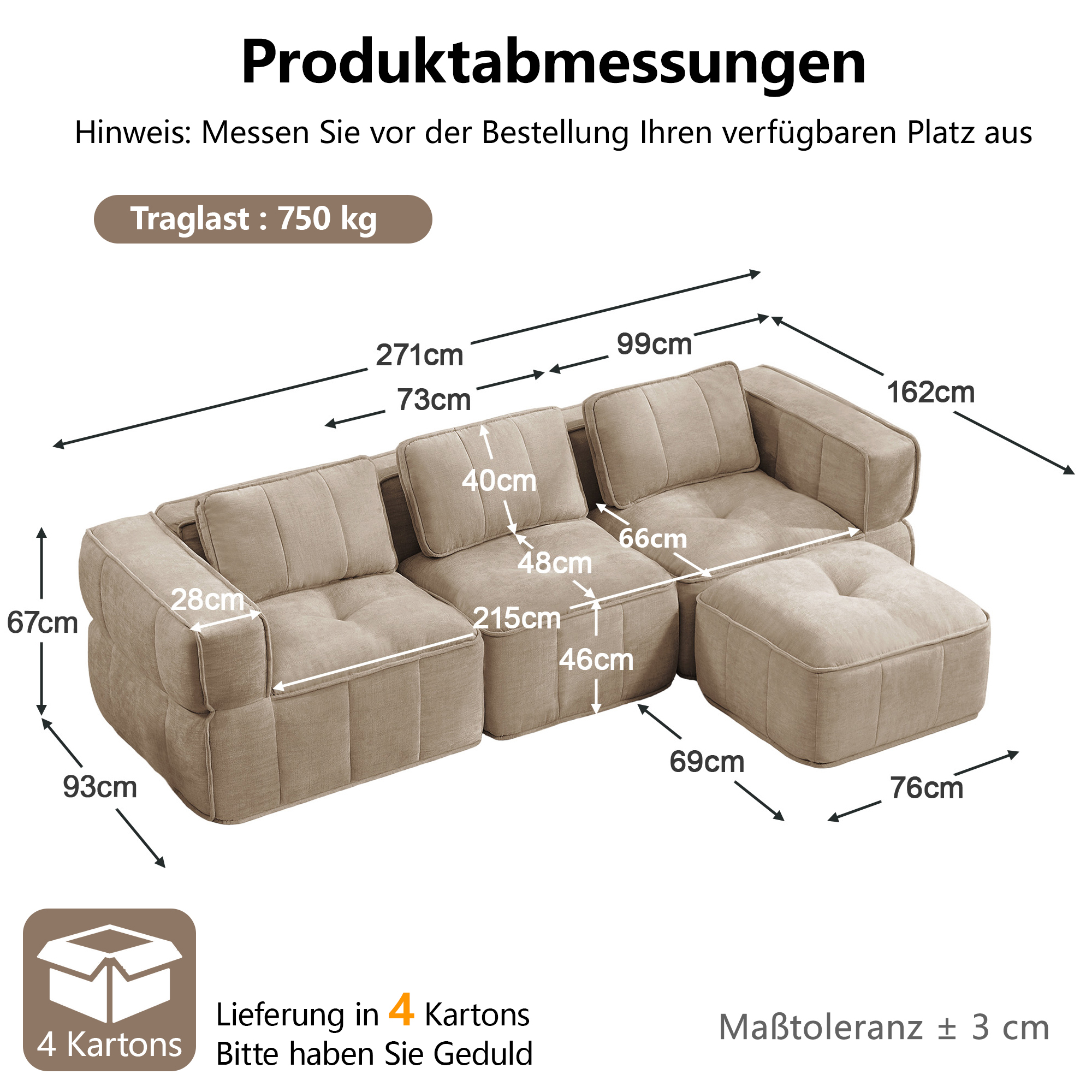 Canapé d’angle modulable en L 3 places 271 x 162 x 67 cm, avec pouf, Tissu, beige - spécifications 1
