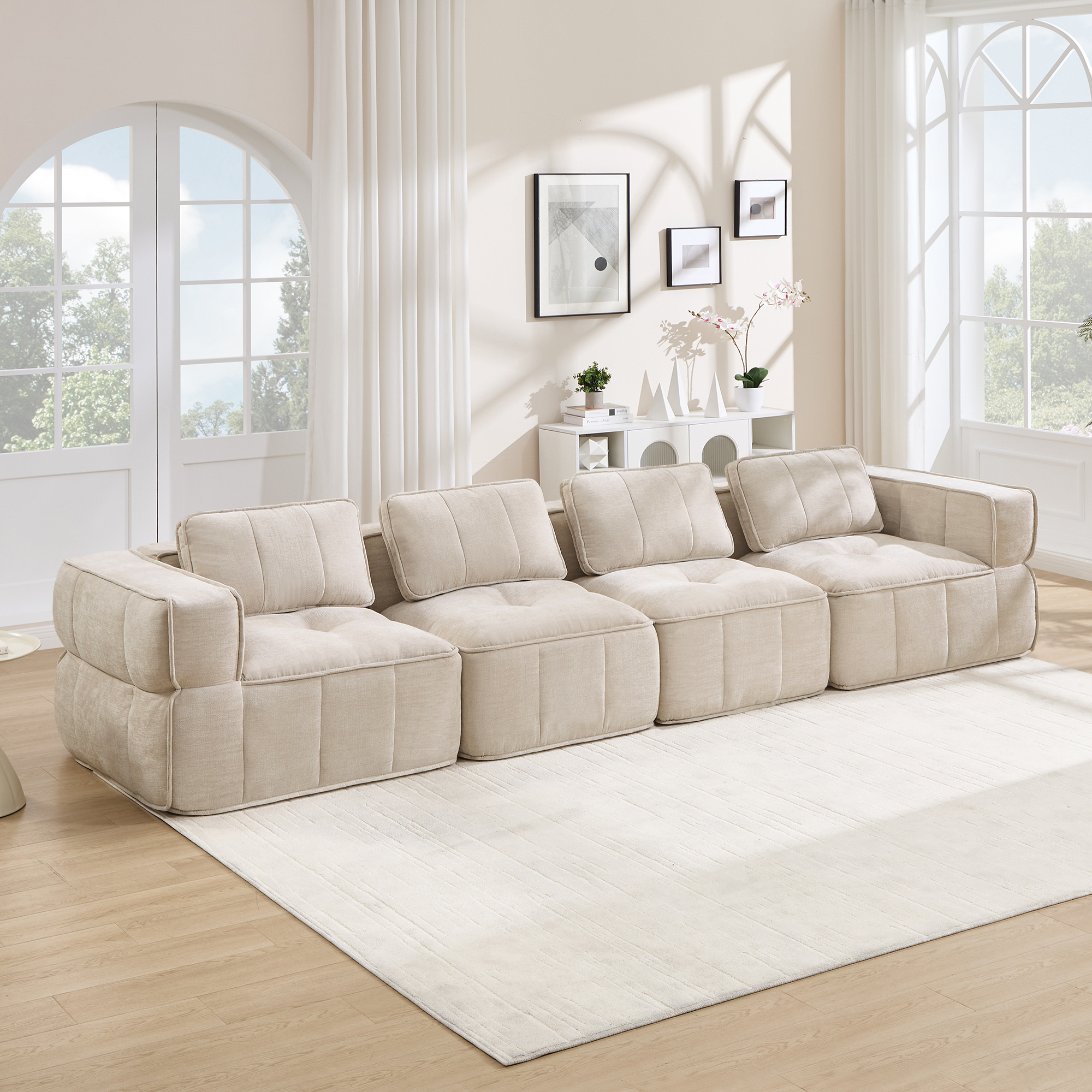 Canapé modulable 4 places 344 x 93 x 67 cm, Tissu, beige - vue principale 1