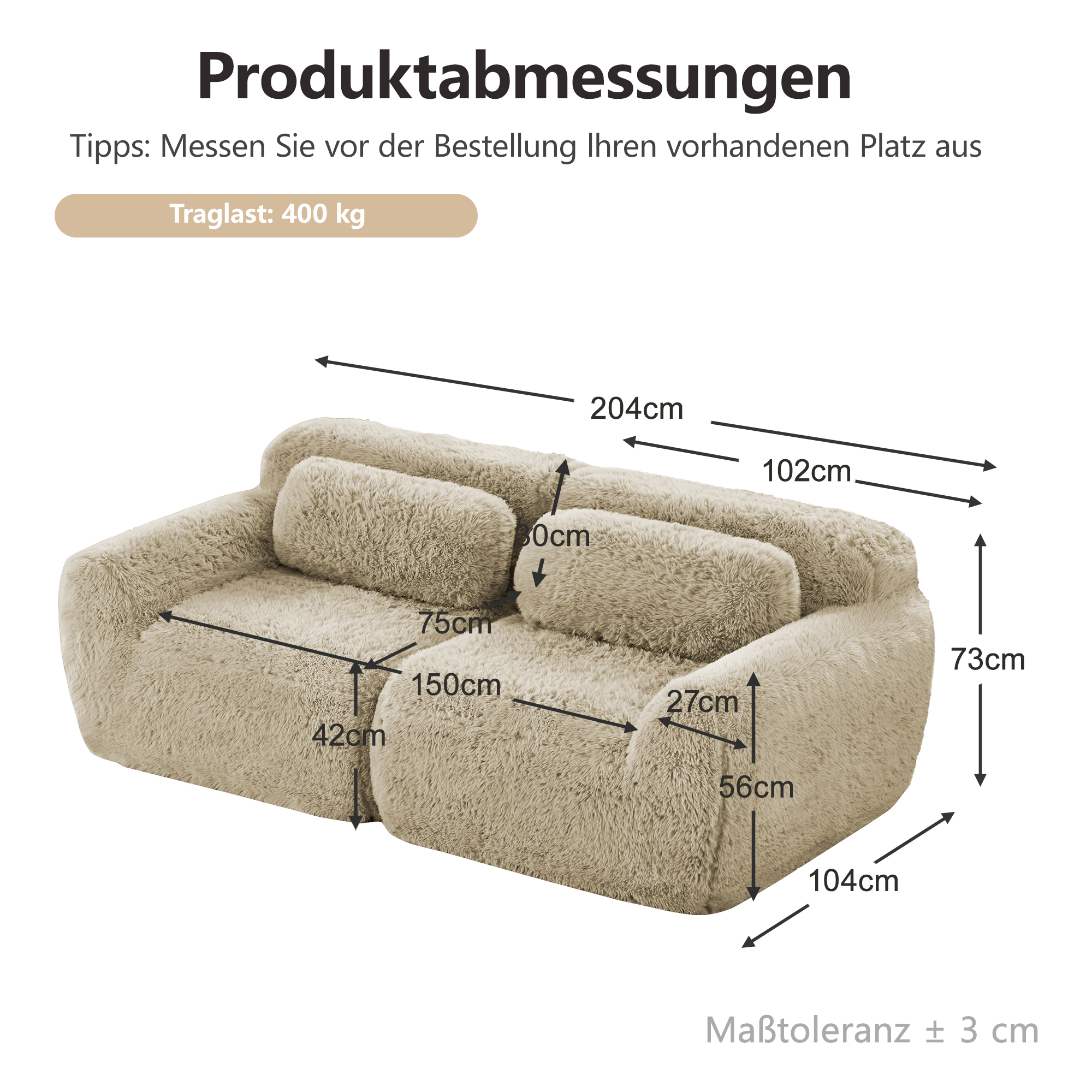 2-Sitzer Sofa, Plüschstoff, rahmenloses modulares 