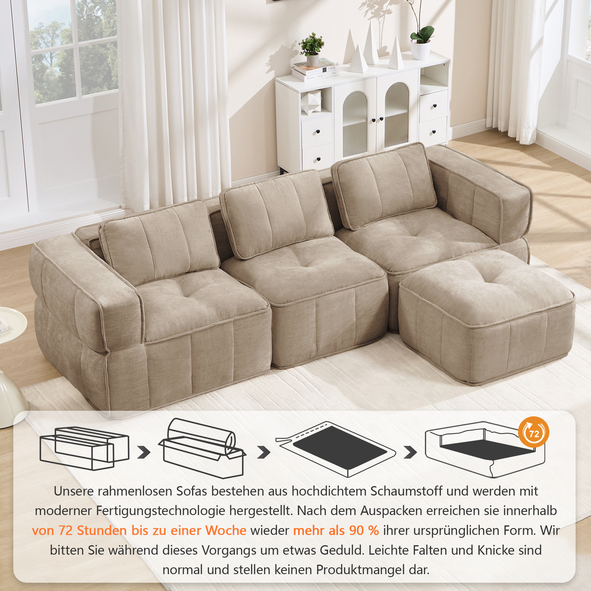 Canapé d’angle modulable en L 3 places 271 x 162 x 67 cm, avec pouf, Tissu, beige - présentation 1