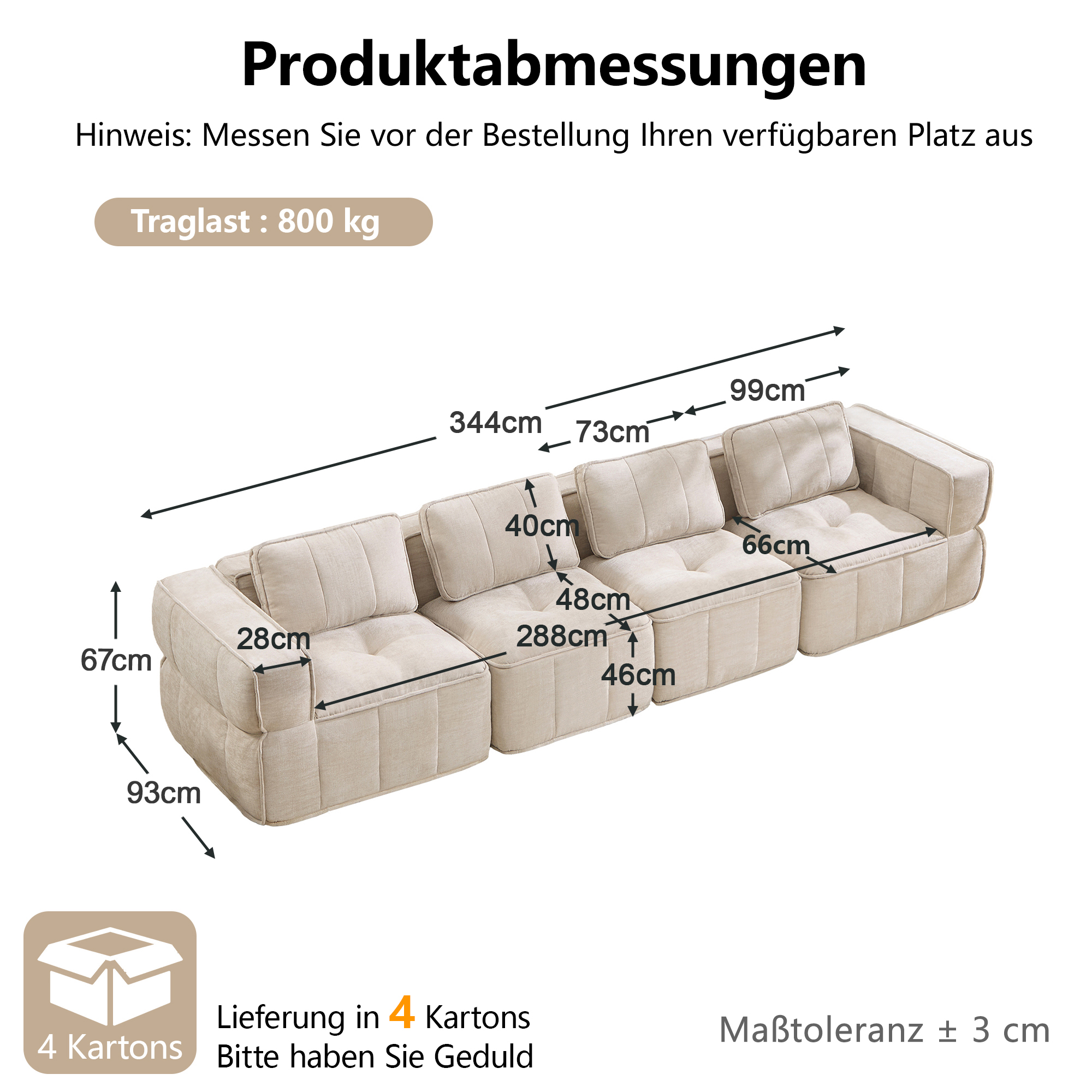Canapé modulable 4 places 344 x 93 x 67 cm, Tissu, beige - spécifications 1