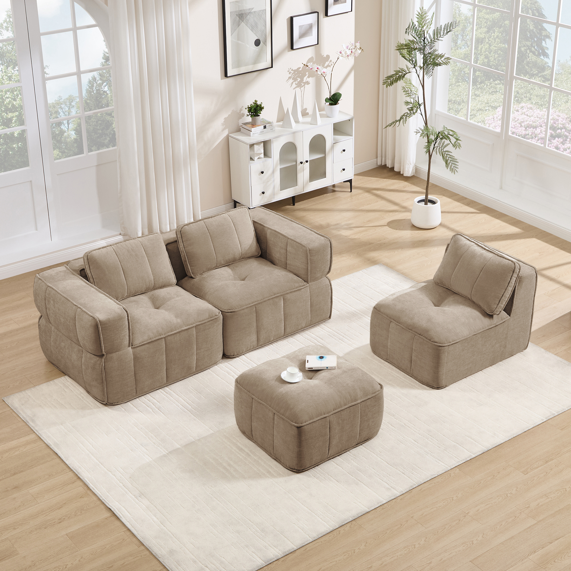Canapé d’angle modulable en L 3 places 271 x 162 x 67 cm, avec pouf, Tissu, beige - vue principale 1