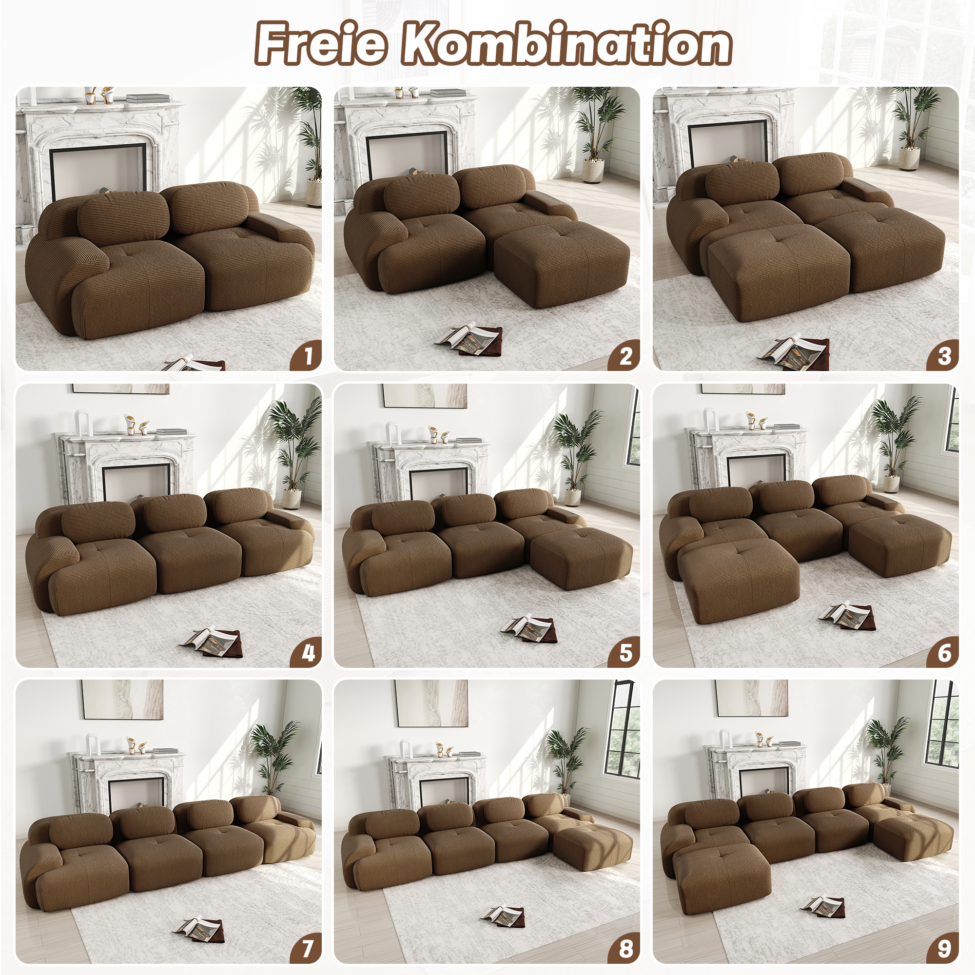 Canapé d'angle modulaire sans cadre, mousse 32D haute densité, tissu velours côtelé premium, pour salon, configuration flexible, confort exceptionnel, design simple, style luxueux discret, durabilité, détente - image 8