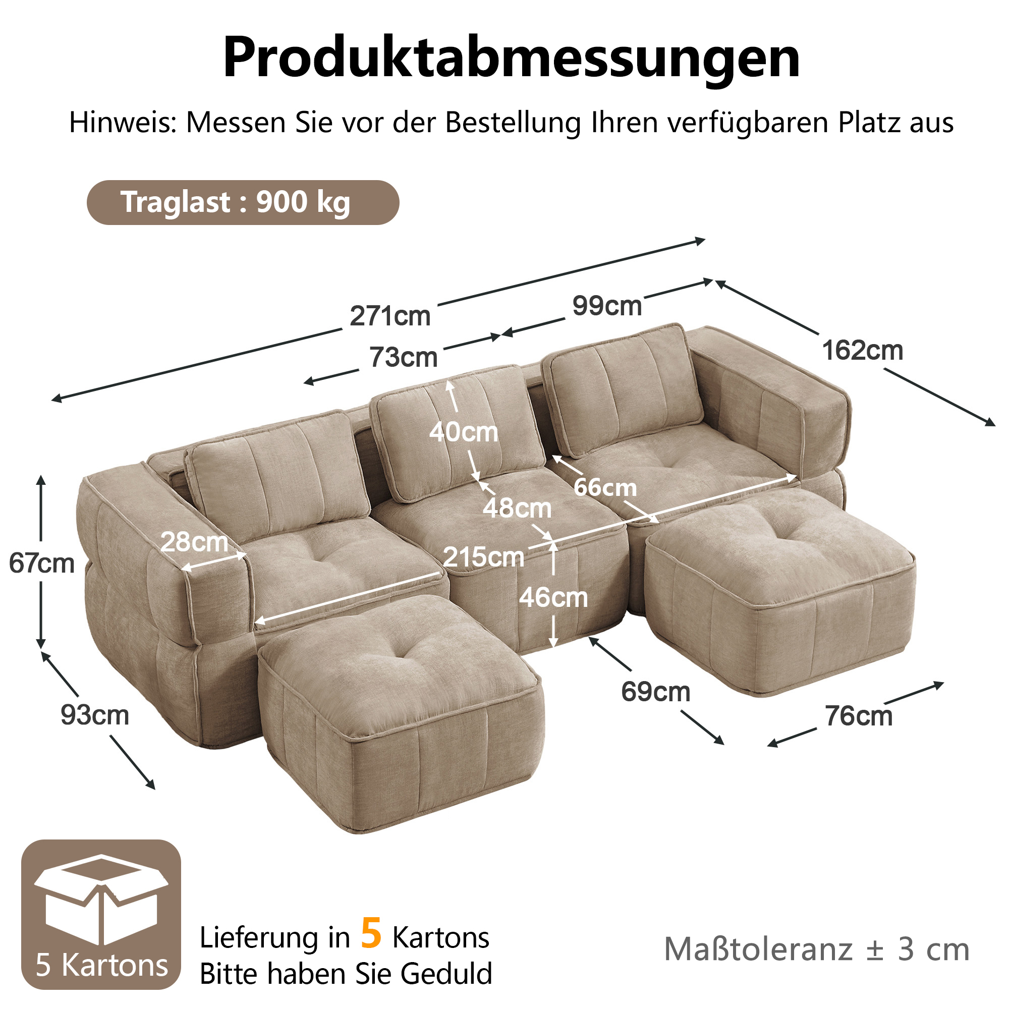 Canapé en U 3 places 271 x 162 x 67 cm, avec pouf, Tissu, beige - spécifications 1