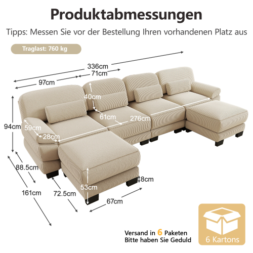 Canapé modulable en U quatre places 336 × 161 × 94 cm