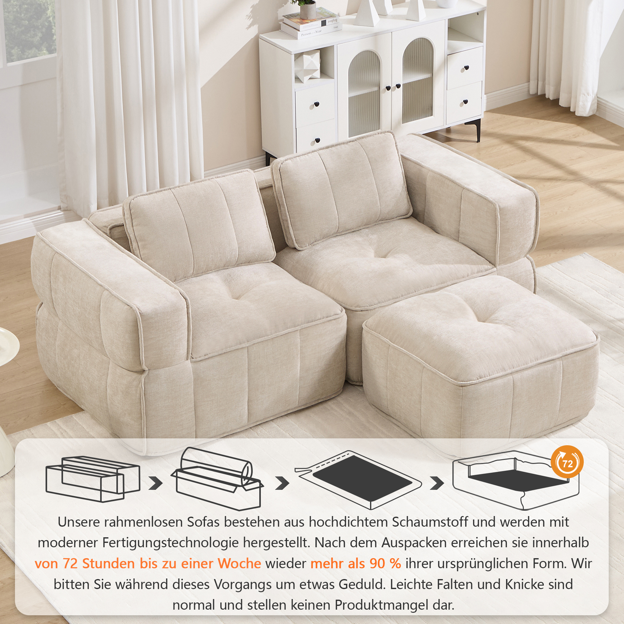 Canapé d’angle modulable en L 2 places 198 x 162 x 67 cm, avec pouf, Tissu, beige - présentation 1