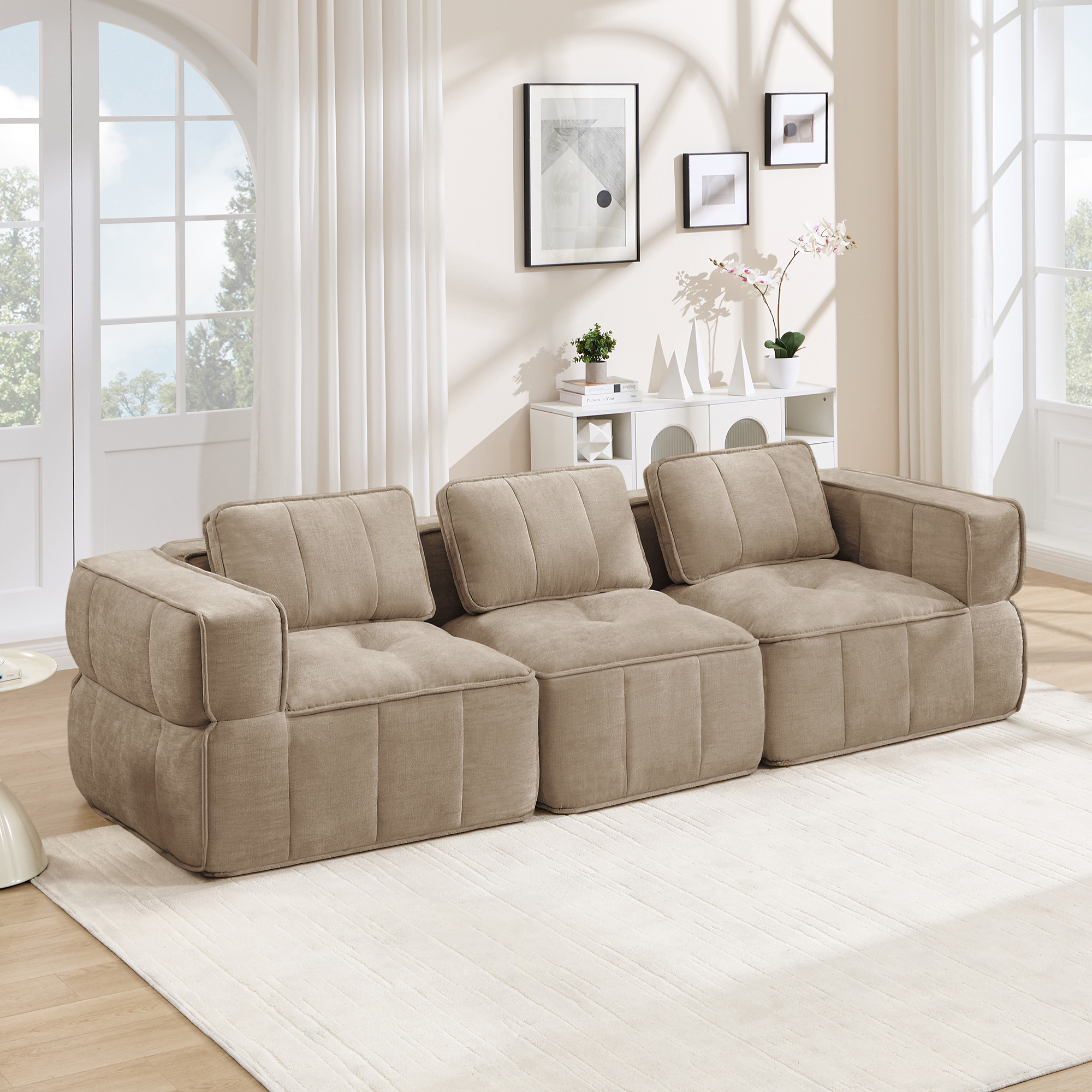 Canapé modulable 3 places 271 x 93 x 67 cm, Tissu, beige - vue principale 1