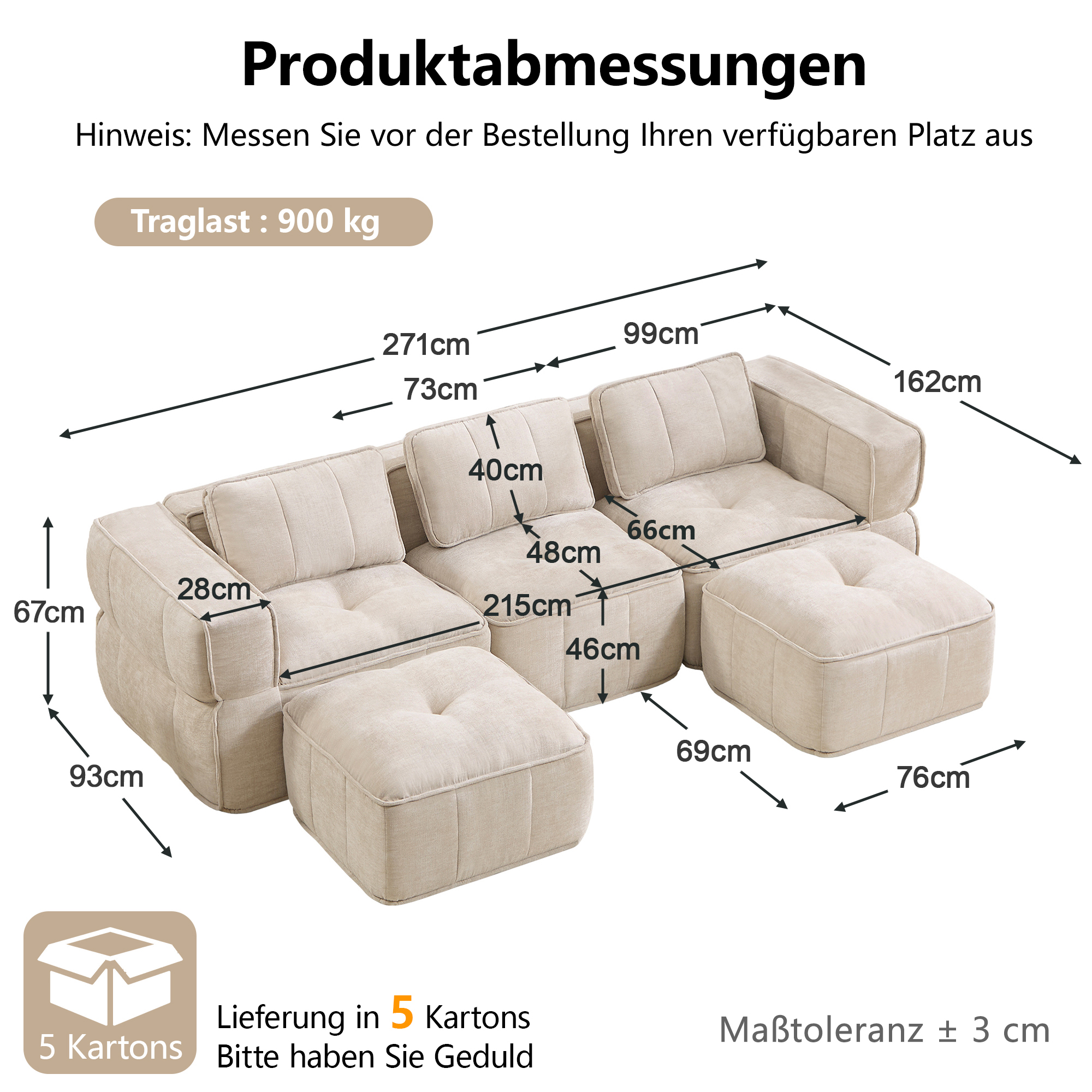 Canapé en U 3 places 271 x 162 x 67 cm, avec pouf, Tissu, beige - spécifications 1