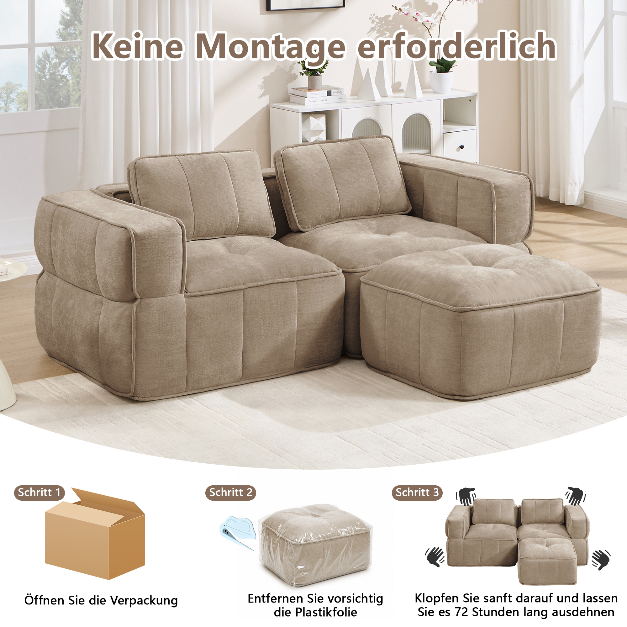 Canapé d’angle modulable en L 2 places 198 x 162 x 67 cm, avec pouf, Tissu, beige - points forts 1