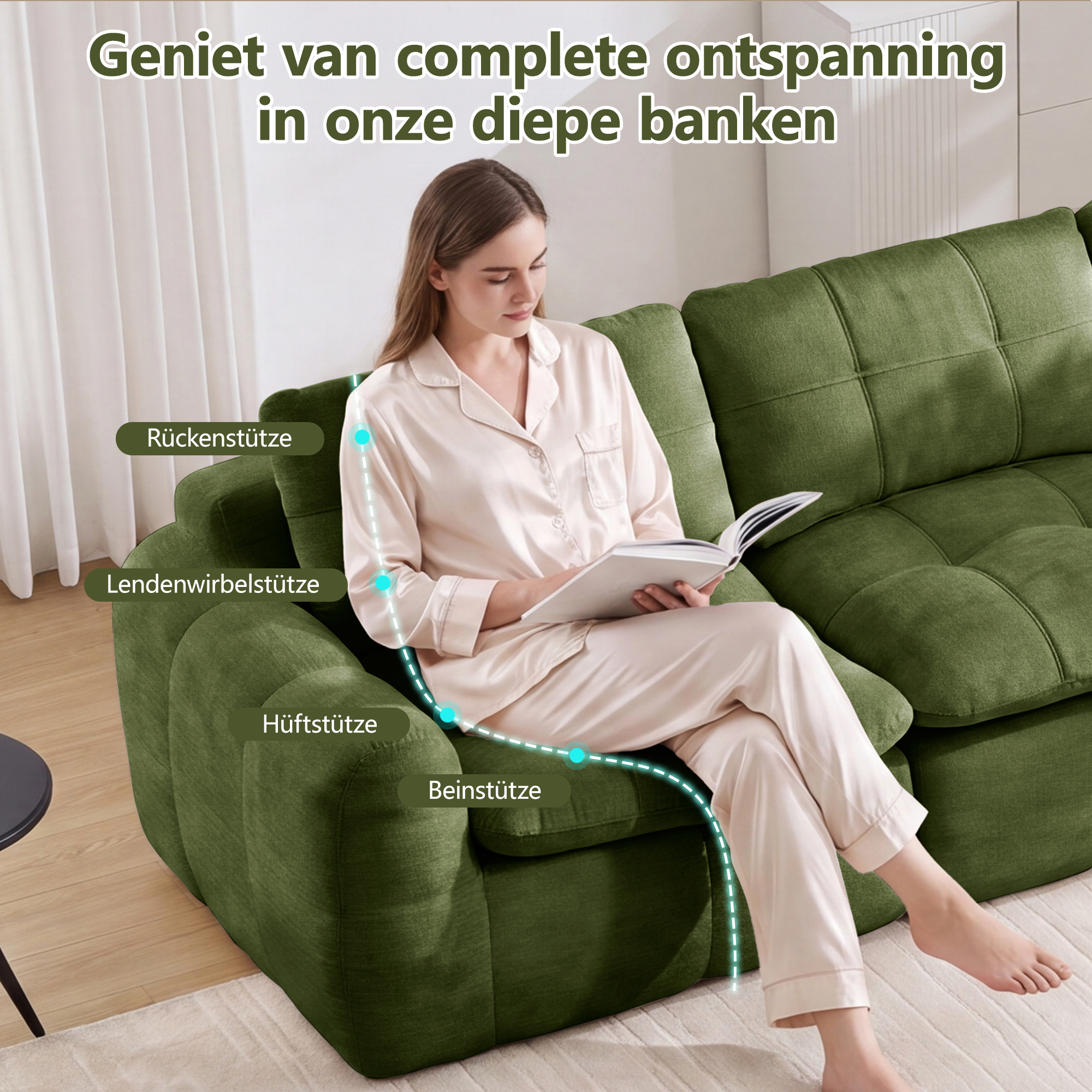 Canapé modulable 3 places 264 x 97 x 68 cm, Chenille, vert - points forts 1
