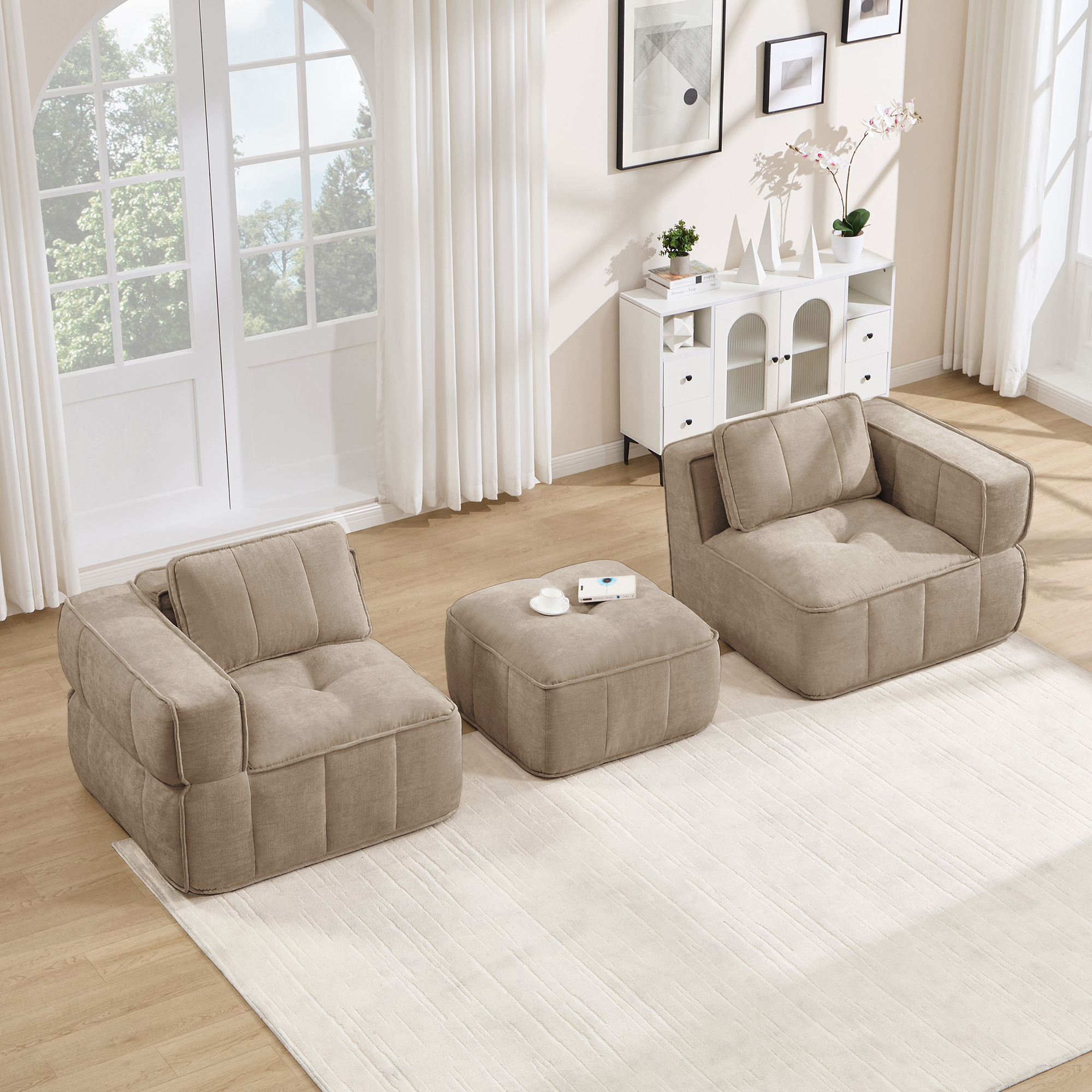 Canapé d’angle modulable en L 2 places 198 x 162 x 67 cm, avec pouf, Tissu, beige - vue principale 1