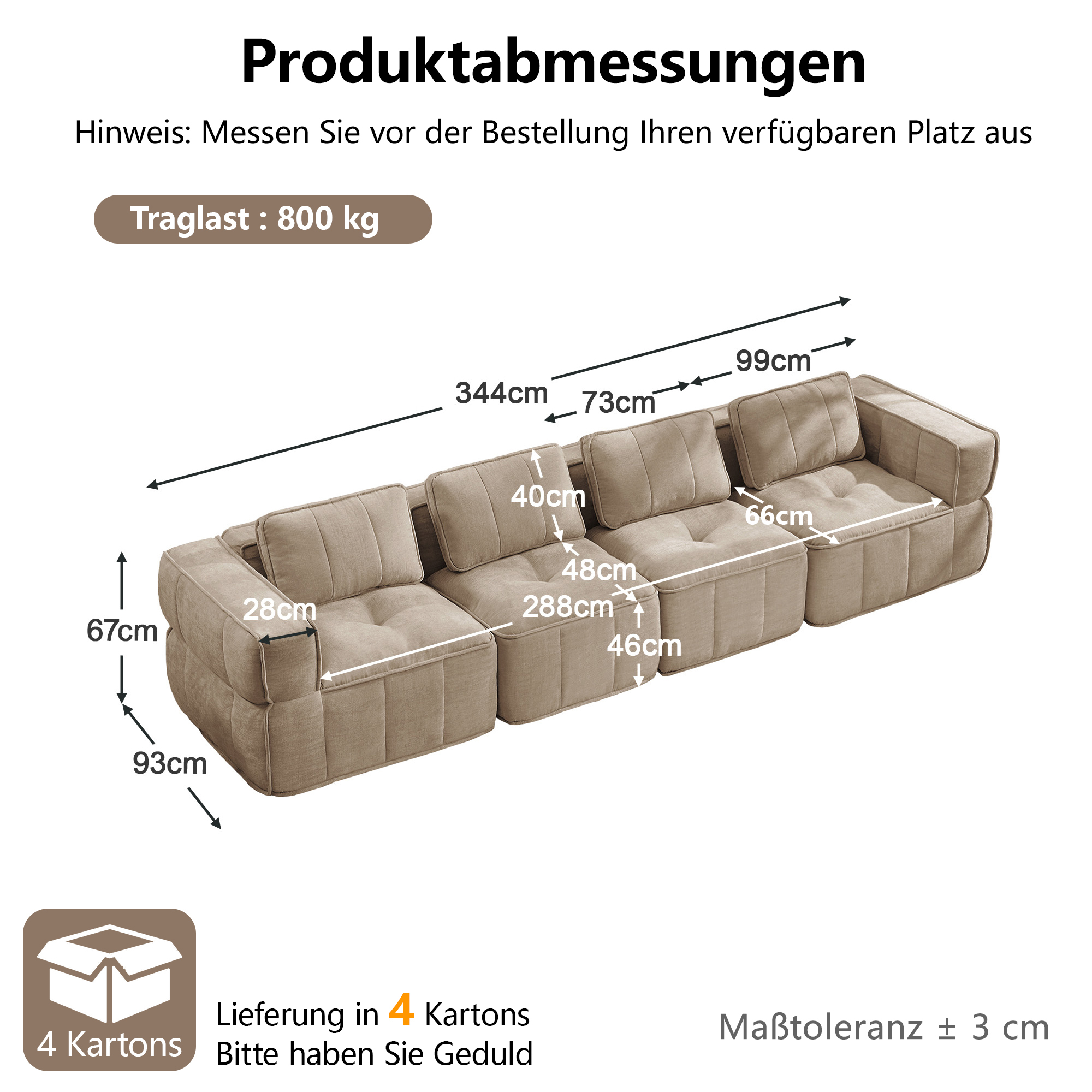 Canapé modulable 4 places 344 x 93 x 67 cm, Tissu, beige - spécifications 1
