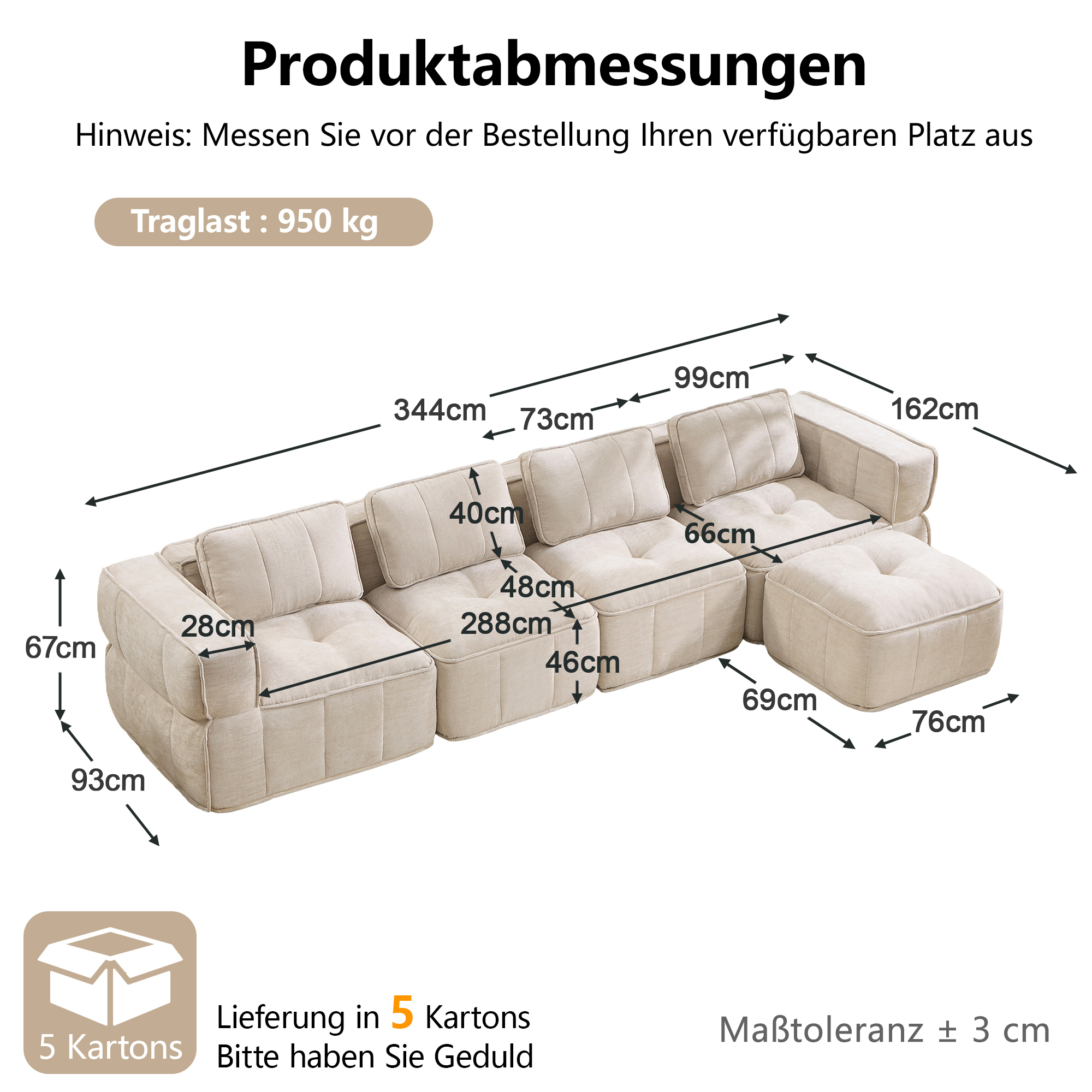 Canapé d’angle modulable en L 4 places 344 x 162 x 67 cm, avec pouf, Tissu, beige - spécifications 1