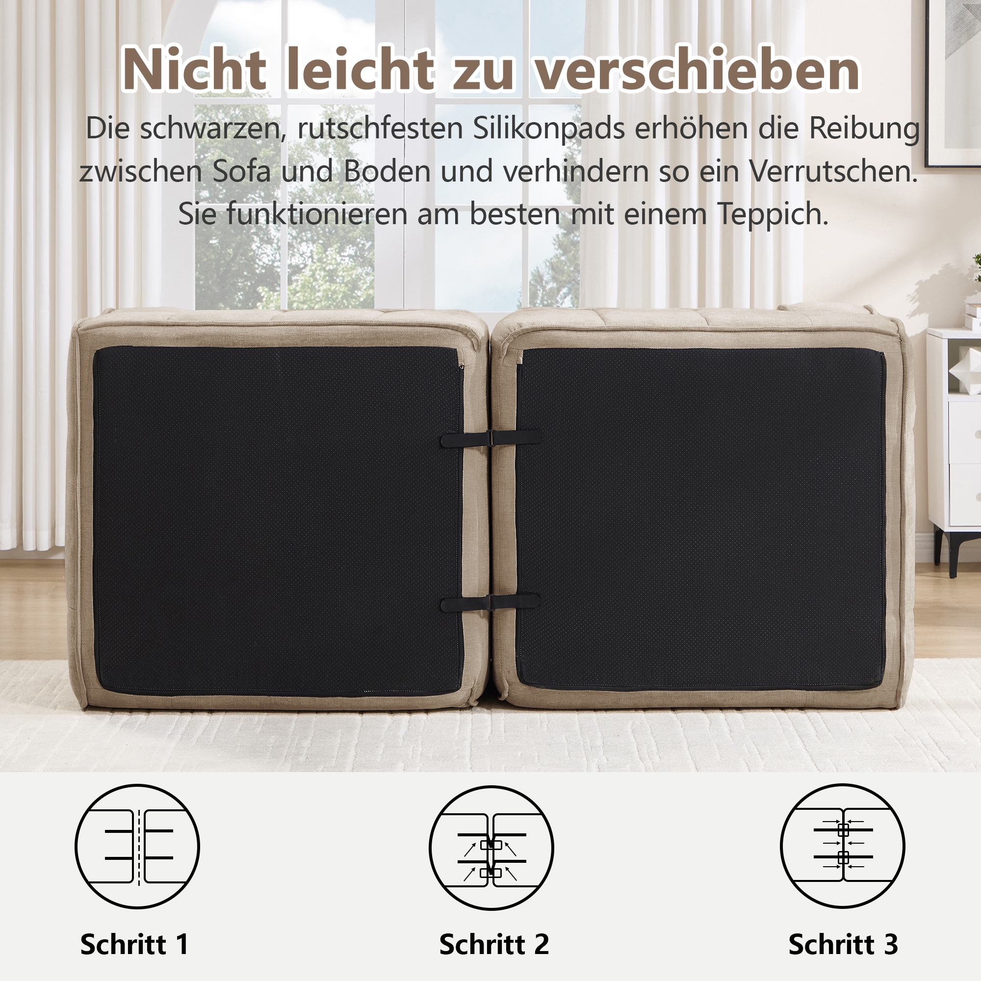 Canapé d’angle modulable en L 2 places 198 x 162 x 67 cm, avec pouf, Tissu, beige - présentation 1