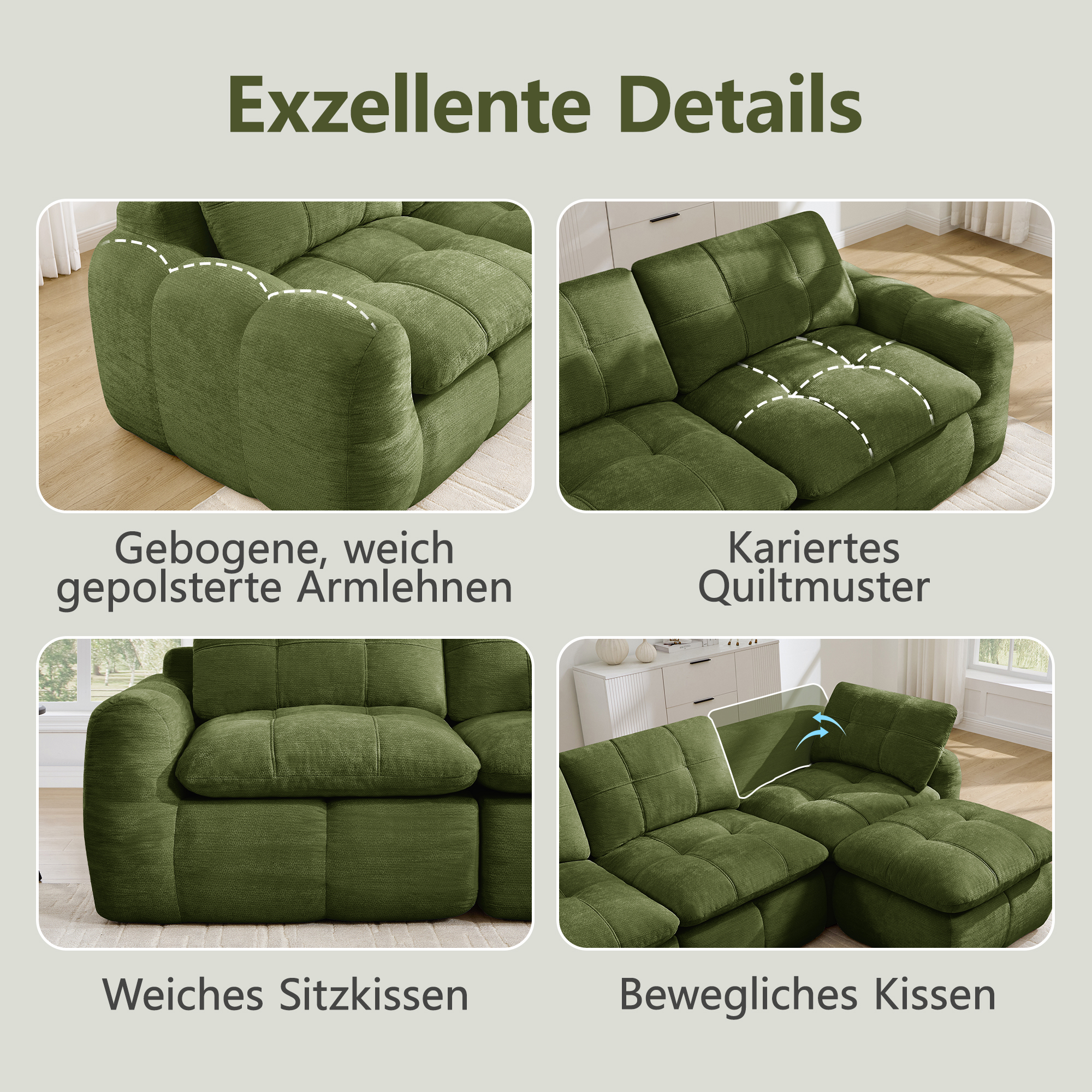 Canapé modulable 3 places 264 x 97 x 68 cm, Chenille, vert - spécifications 1