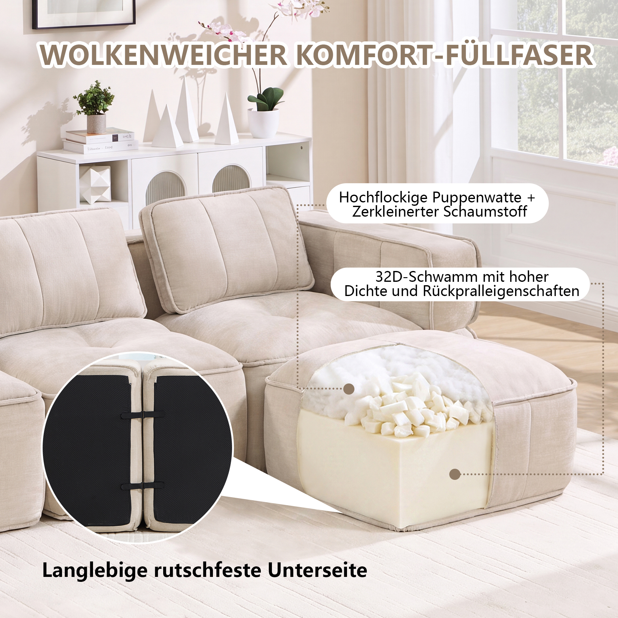 Canapé d’angle modulable en L 4 places 344 x 162 x 67 cm, avec pouf, Tissu, beige - points forts 1