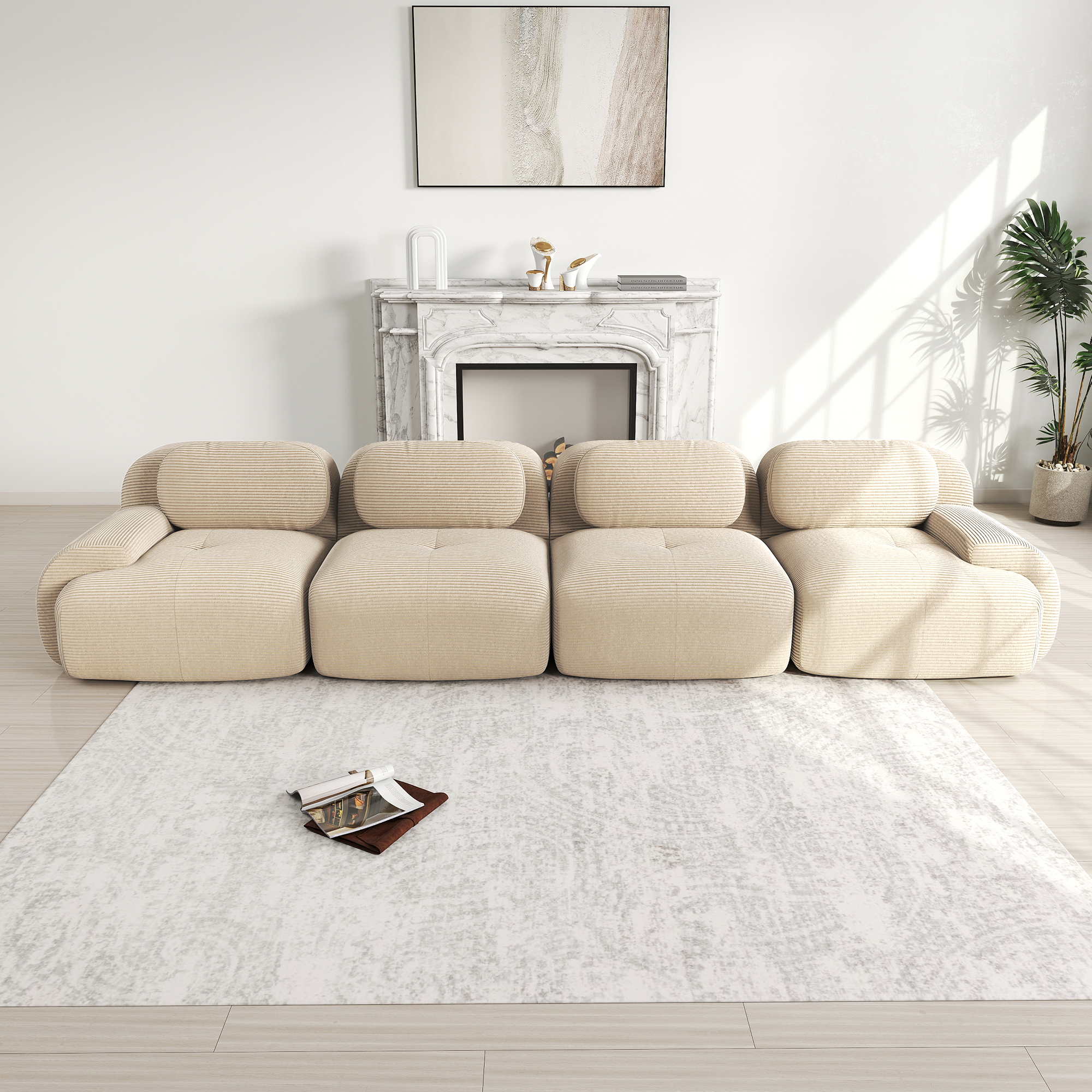 Canapé 4 places en corduroy beige sans cadre 388x103x75 cm - vue 1