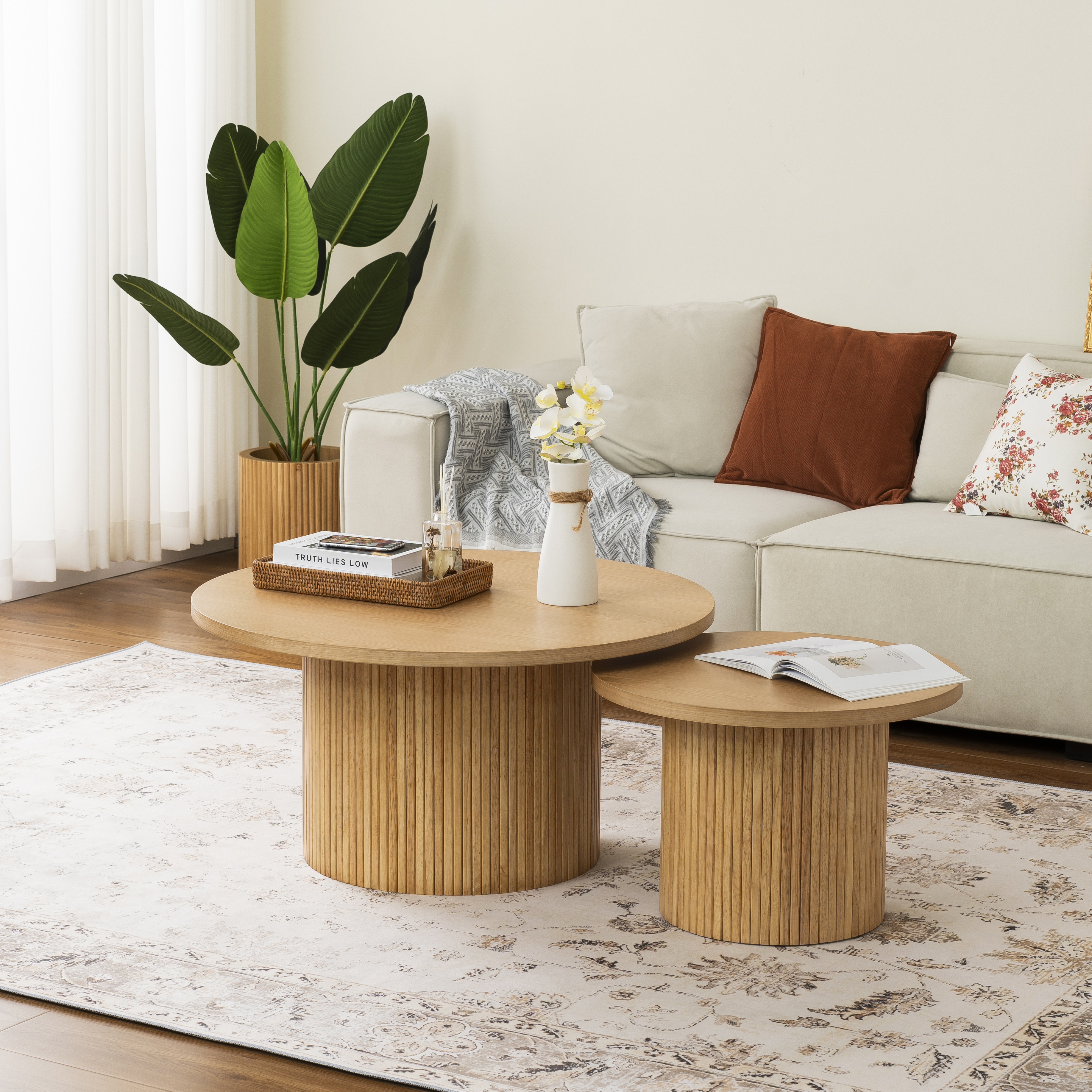Table basse piédestale en MDF, finition bois, base rayures verticales, 2 tailles 35,4 et 23,6 pouces, hauteur basse, design gain de place, pour salon, assemblage facile, qualité durable - image 10