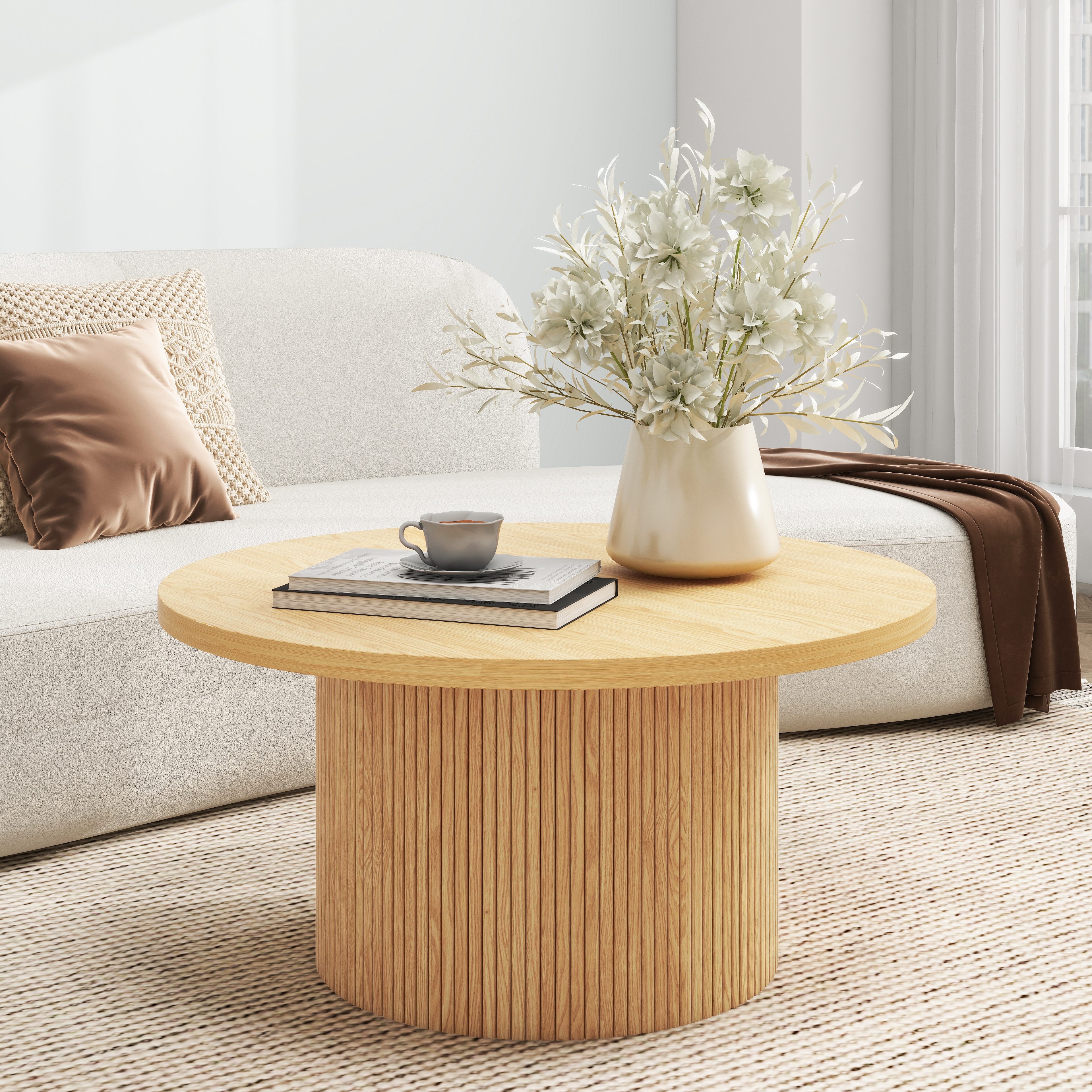 Table basse piédestale en MDF, finition bois, base rayures verticales, 2 tailles 35,4 et 23,6 pouces, hauteur basse, design gain de place, pour salon, assemblage facile, qualité durable - image 7