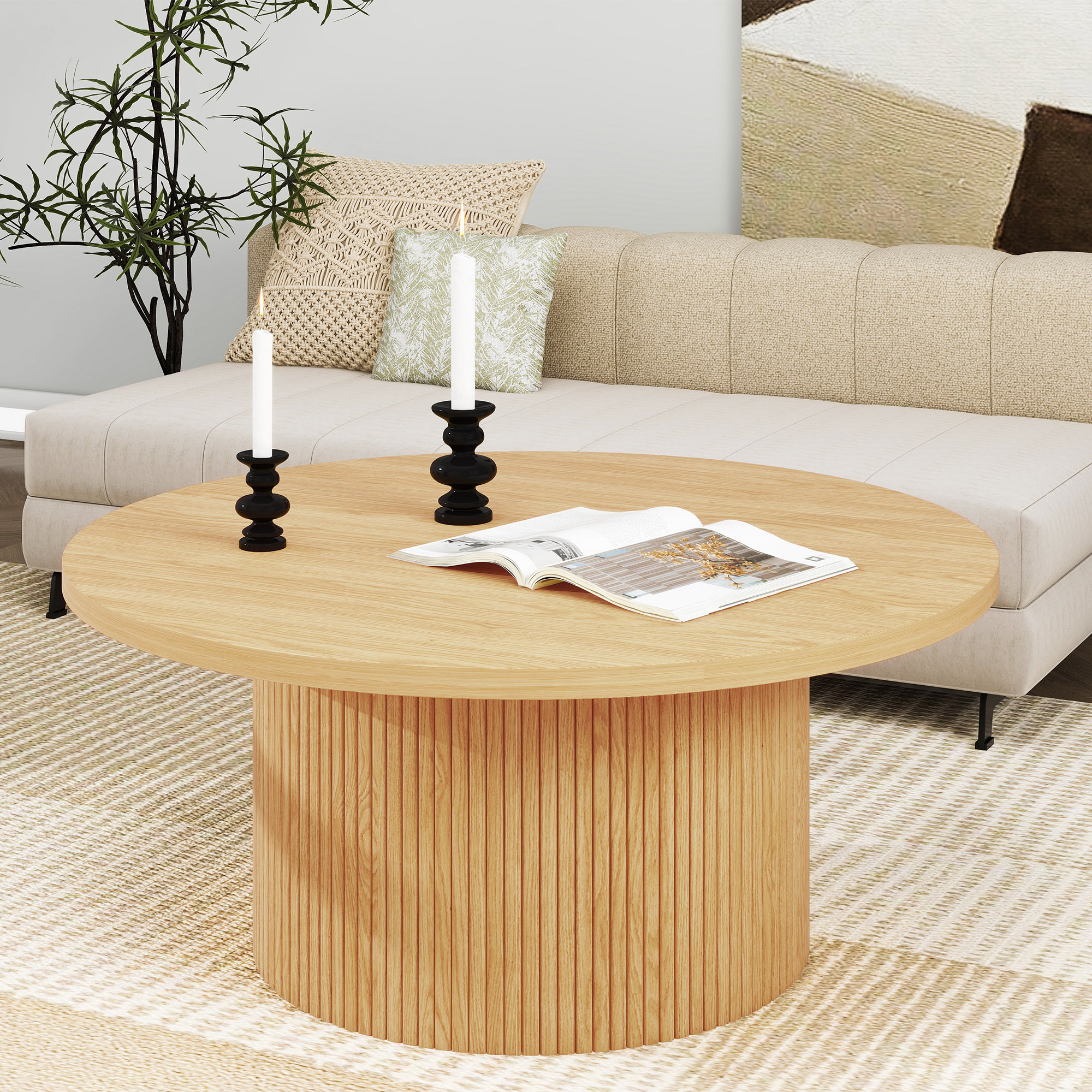 Table basse piédestale en MDF, finition bois, base rayures verticales, 2 tailles 35,4 et 23,6 pouces, hauteur basse, design gain de place, pour salon, assemblage facile, qualité durable - image 4