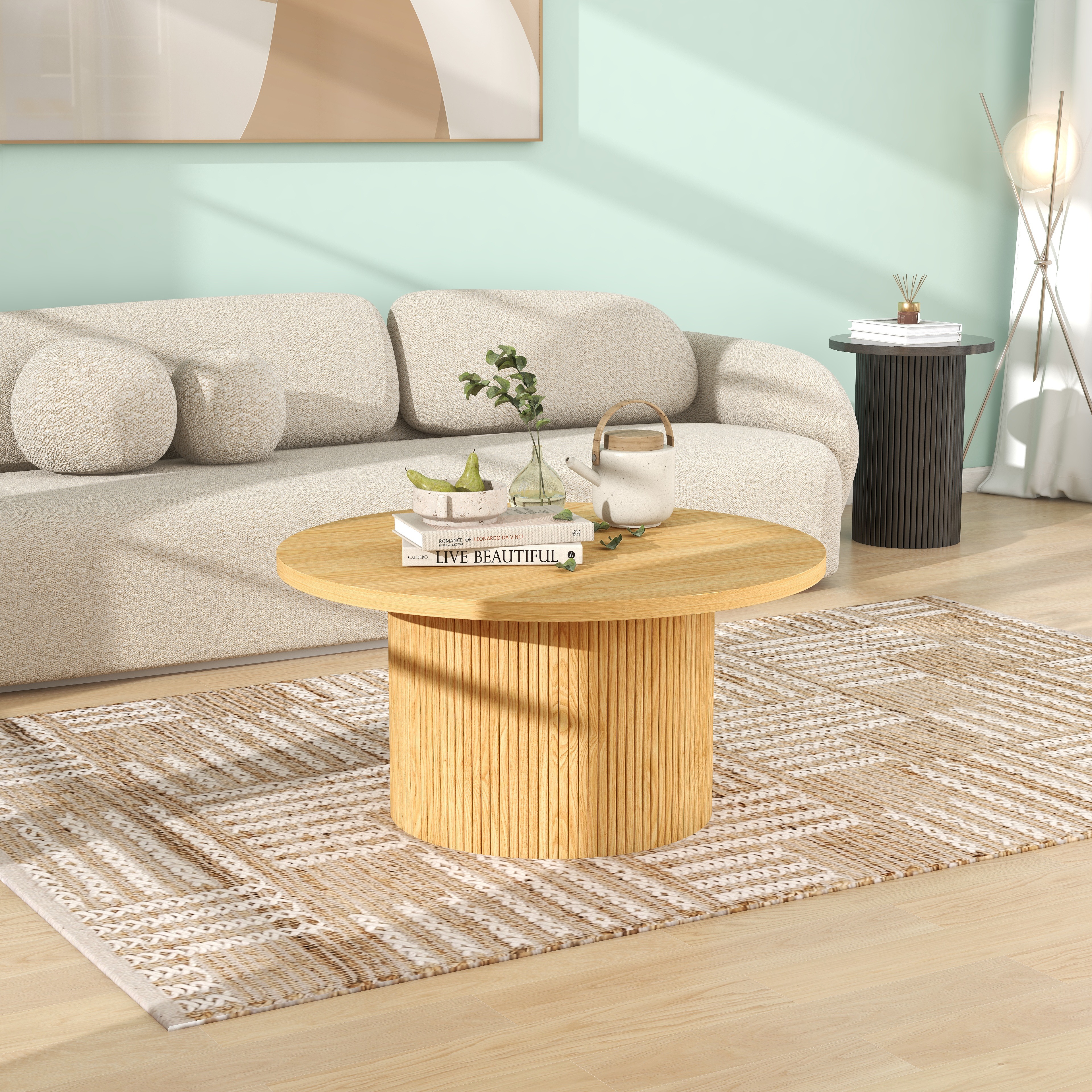 Table basse piédestale en MDF, finition bois, base rayures verticales, 2 tailles 35,4 et 23,6 pouces, hauteur basse, design gain de place, pour salon, assemblage facile, qualité durable - image 1