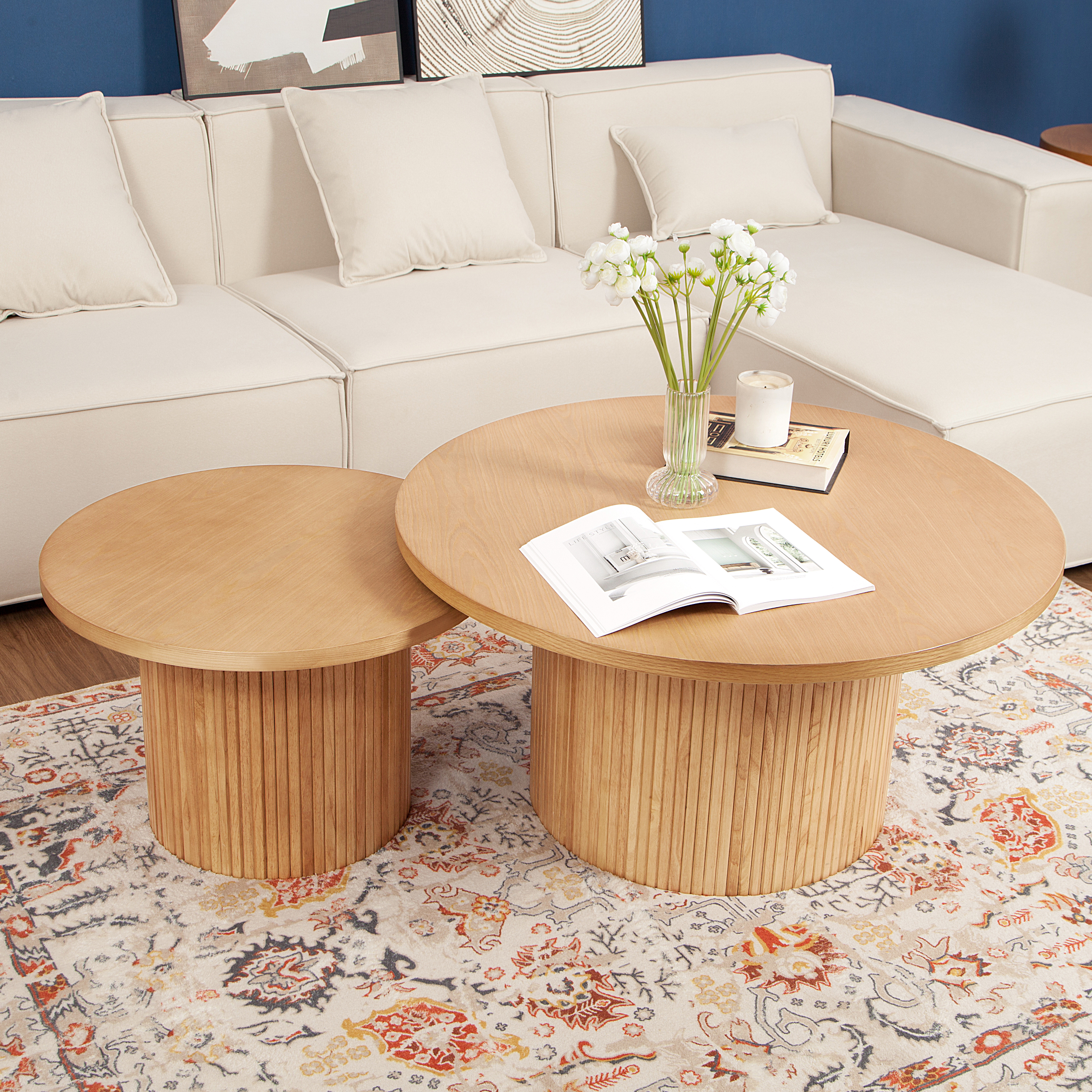 Table basse piédestale en MDF, finition bois, base rayures verticales, 2 tailles 35,4 et 23,6 pouces, hauteur basse, design gain de place, pour salon, assemblage facile, qualité durable - image 8