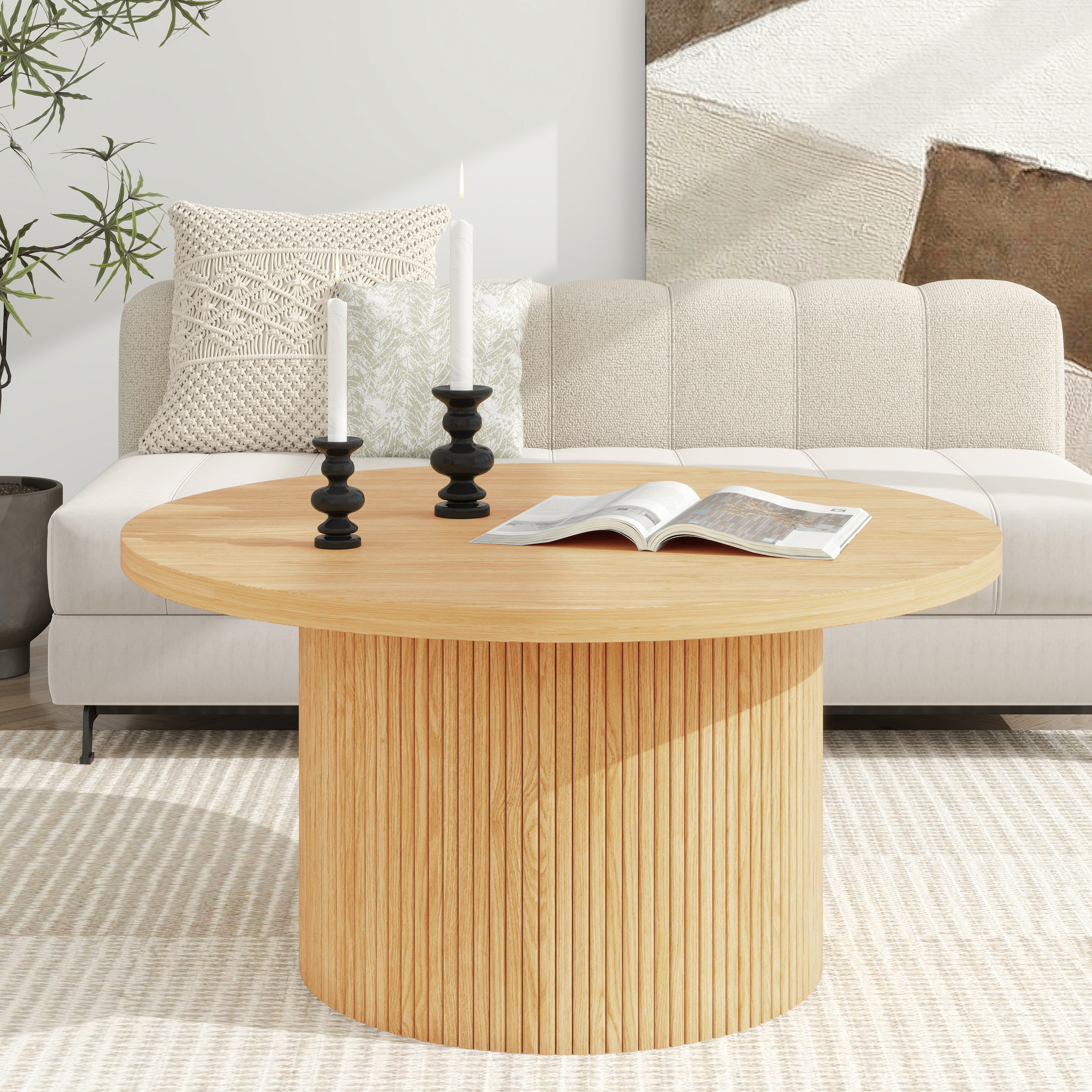 Table basse piédestale en MDF, finition bois, base rayures verticales, 2 tailles 35,4 et 23,6 pouces, hauteur basse, design gain de place, pour salon, assemblage facile, qualité durable - image 2