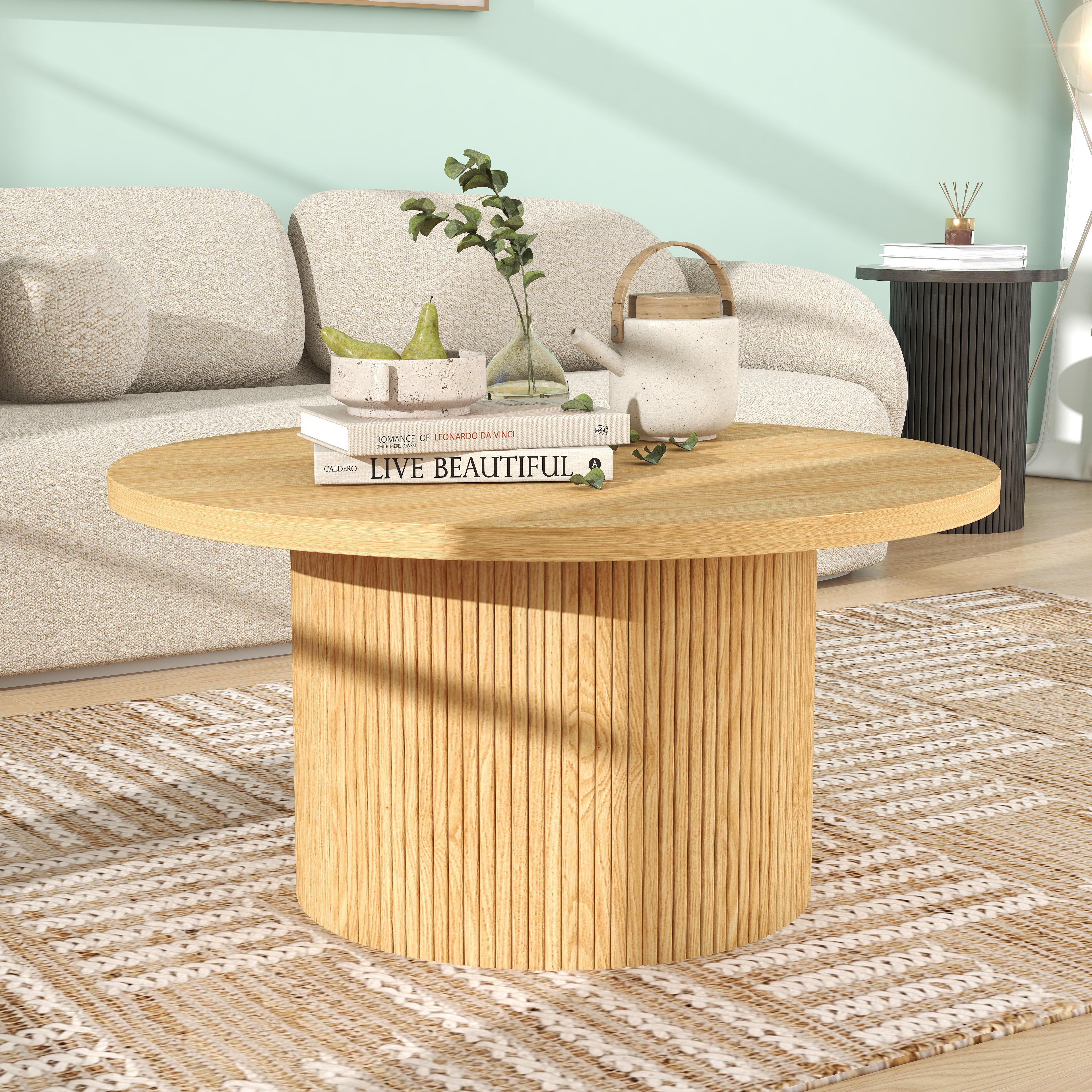 Table basse piédestale en MDF, finition bois, base rayures verticales, 2 tailles 35,4 et 23,6 pouces, hauteur basse, design gain de place, pour salon, assemblage facile, qualité durable - image 6