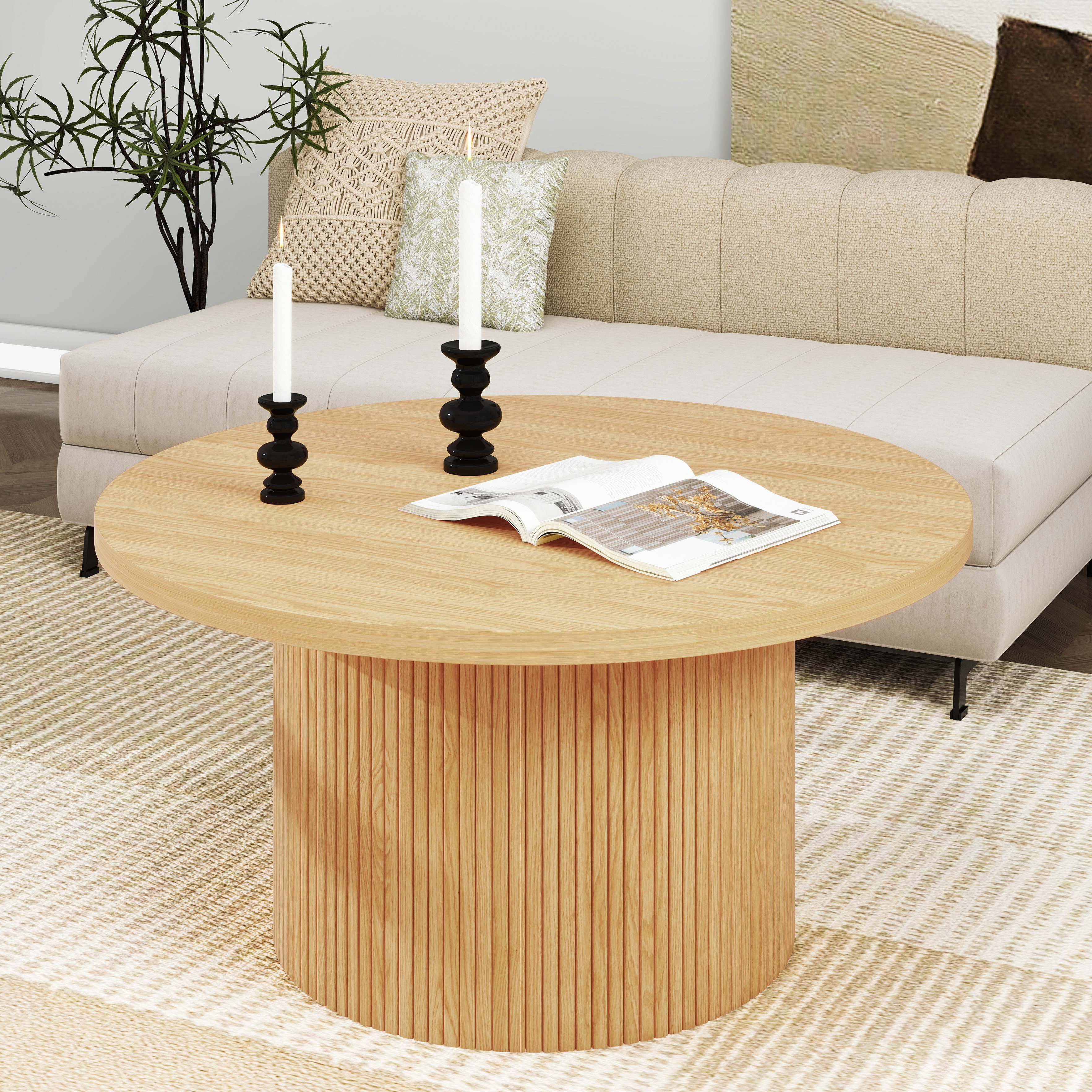 Table basse piédestale en MDF, finition bois, base rayures verticales, 2 tailles 35,4 et 23,6 pouces, hauteur basse, design gain de place, pour salon, assemblage facile, qualité durable - image 5