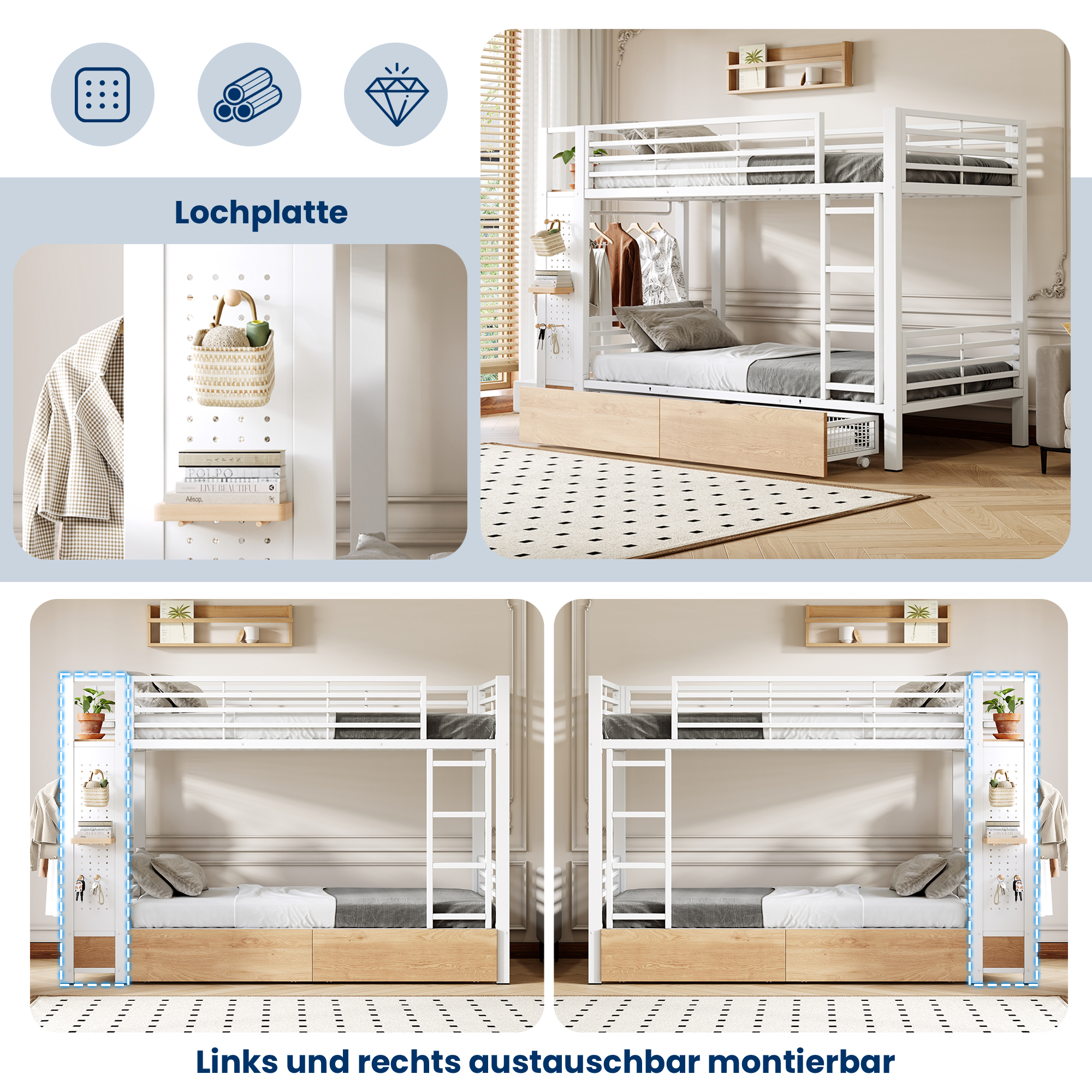 Lit superposé 90 x 200 cm 231,5x95,5x166 cm avec rangements, escalier, LED en MDF et métal blanc - vue complémentaire 1