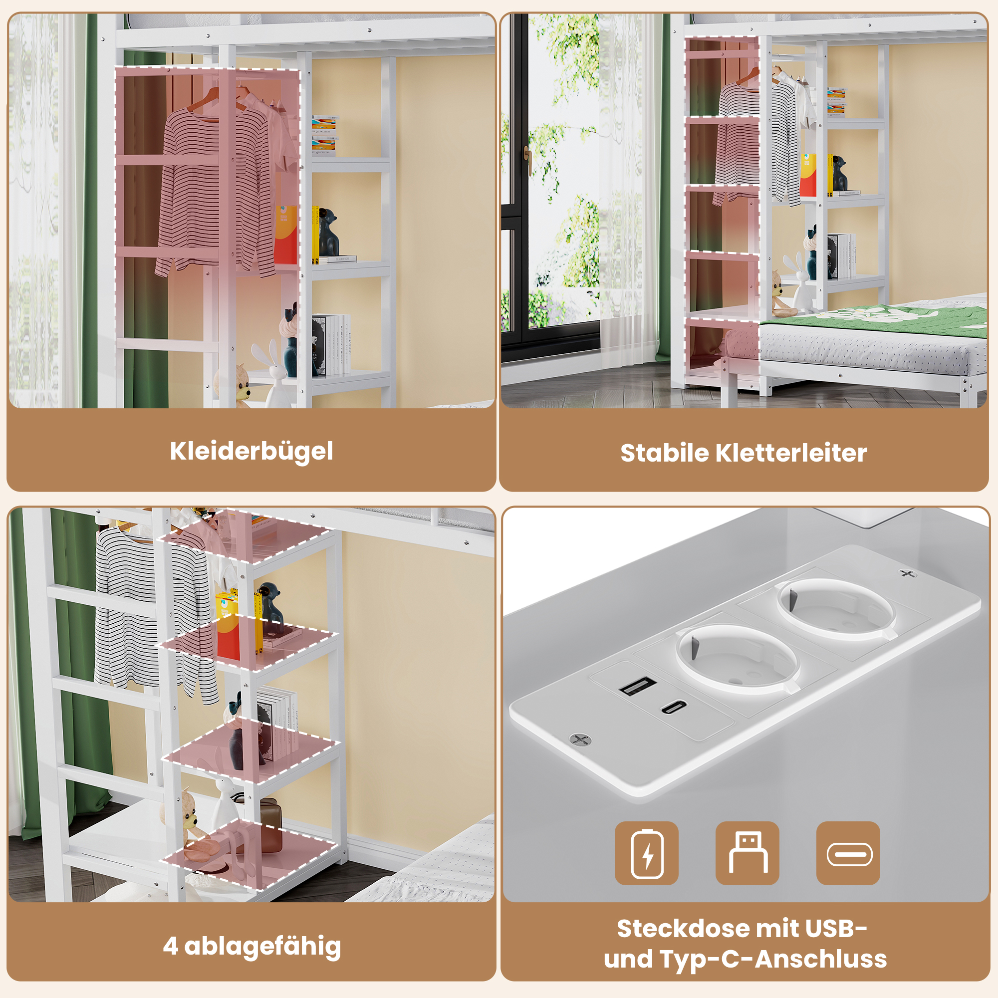 Lit mezzanine 90 x 200 cm 204x95x185 cm avec rangements, bureau, USB Type-C en MDF et métal blanc - vue complémentaire 1