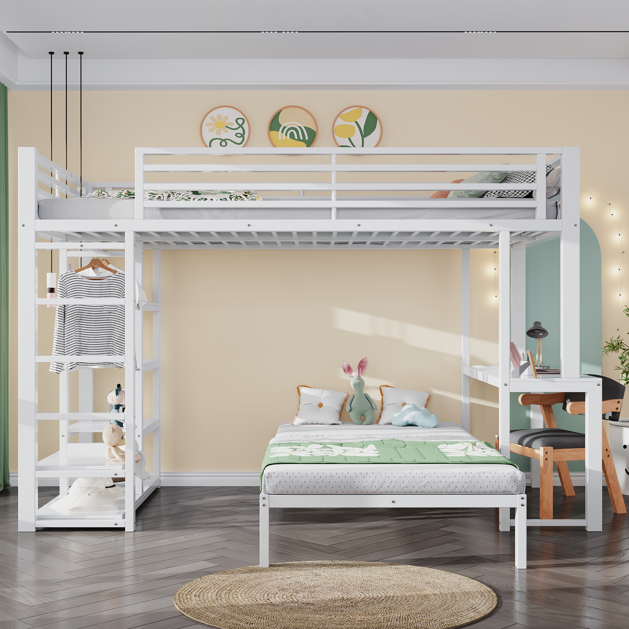 Lit mezzanine 90 x 200 cm 204x95x185 cm avec rangements, bureau, USB Type-C en MDF et métal blanc - présentation 1