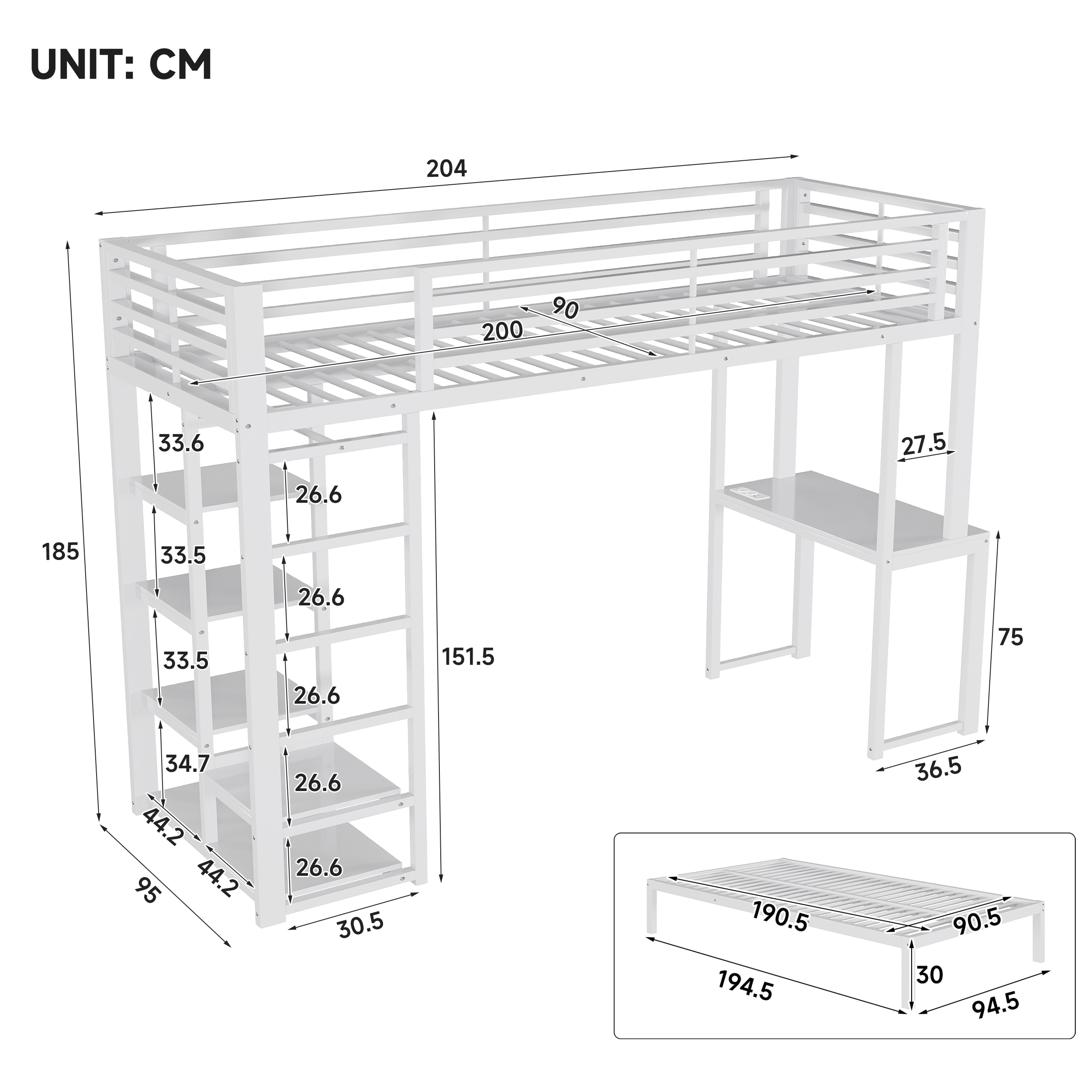Lit mezzanine 90 x 200 cm 204x95x185 cm avec rangements, bureau, USB Type-C en MDF et métal blanc - points forts 1